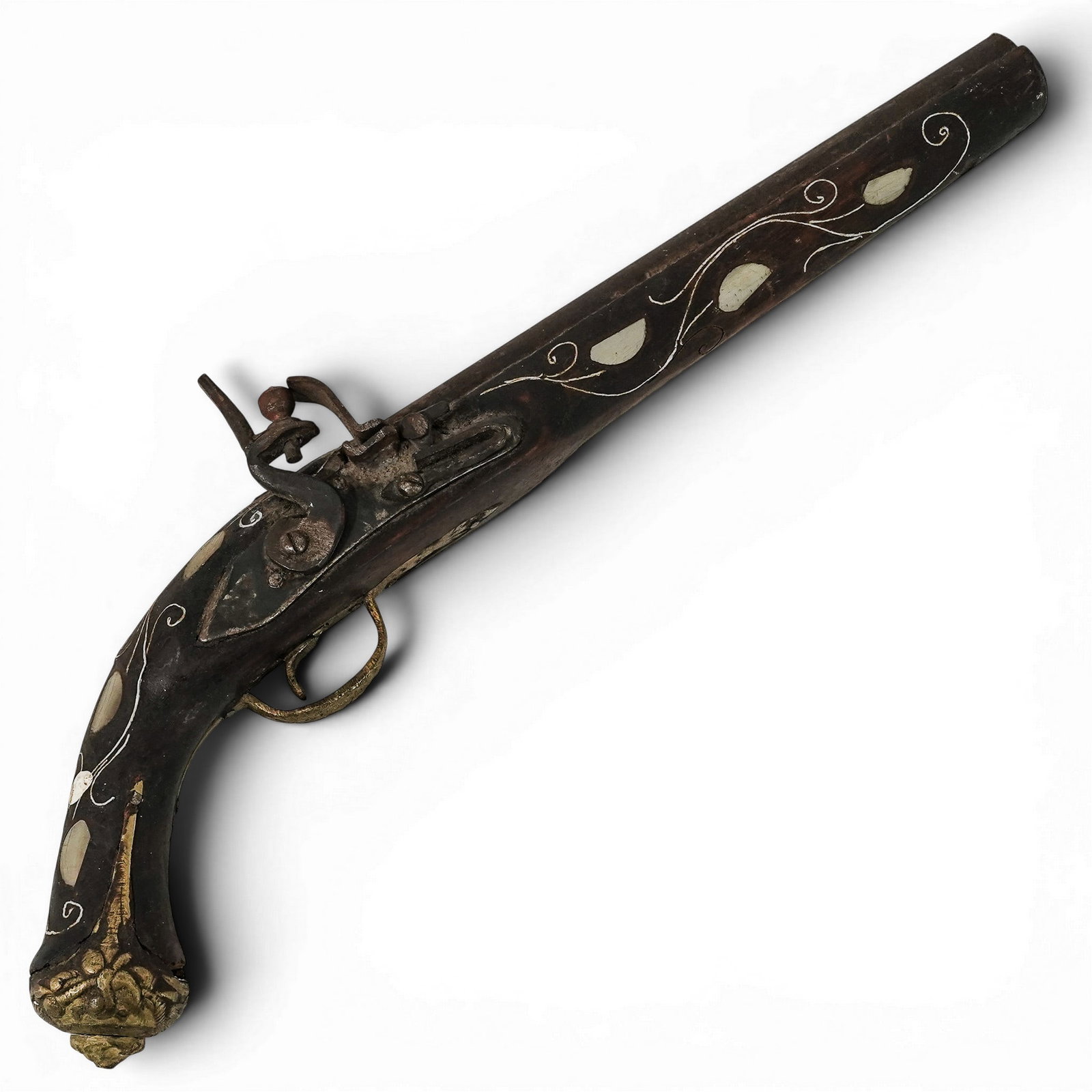 Antique Flintlock Mother-of-Pearl & Silver Inlay Pistol: Antique Flintlock Mother-of-Pearl & Silver Inlay Pistol Early 20th Century, North Africa Single-shot flintlock pistol featuring a curved wood grip and stock decorated with mother-of-pearl and white