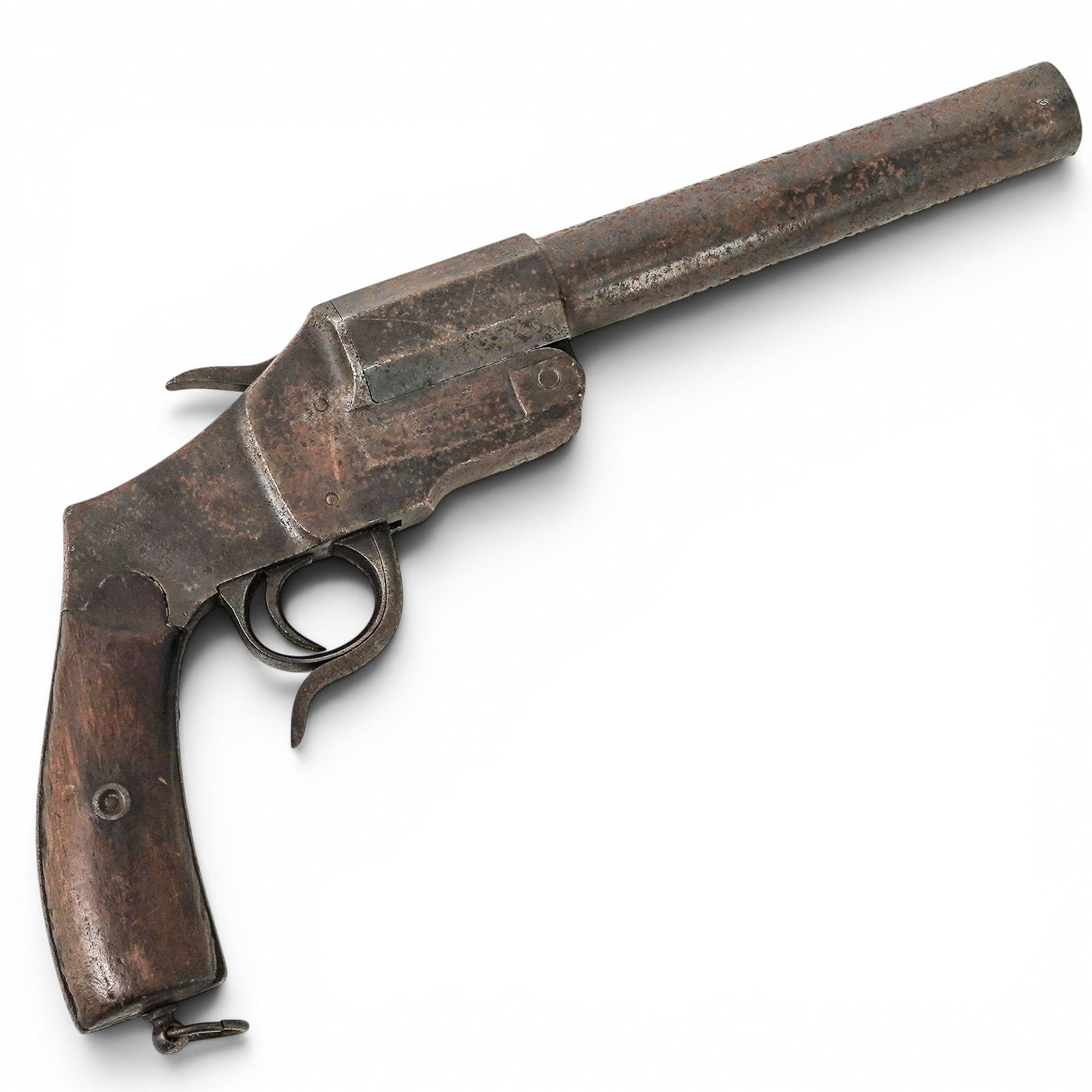 Antique German Hebel Model 1894 Flare Pistol: Antique German Hebel Model 1894 Flare Pistol Late 19th Century, Germany Antique German Hebel Model 1894 flare pistol featuring a break-action iron frame, cylindrical barrel, curved trigger, and