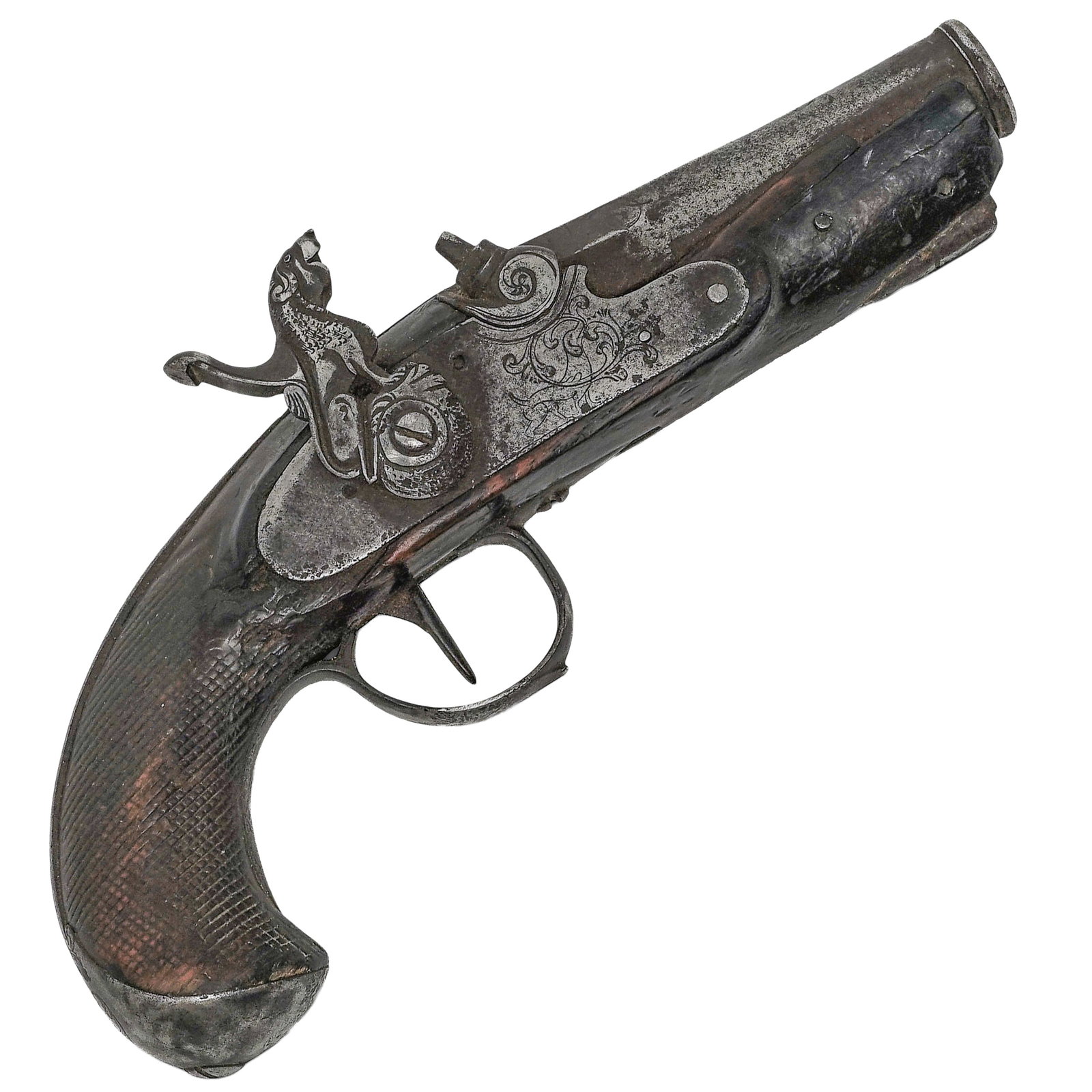 Antique Percussion Cap Pocket Engraved Pistol: Antique Percussion Cap Pocket Engraved Pistol c. 1830s-1860s, European Antique percussion cap pocket engraved pistol features a percussion lock system with an ornate, dolphin and lion on the other