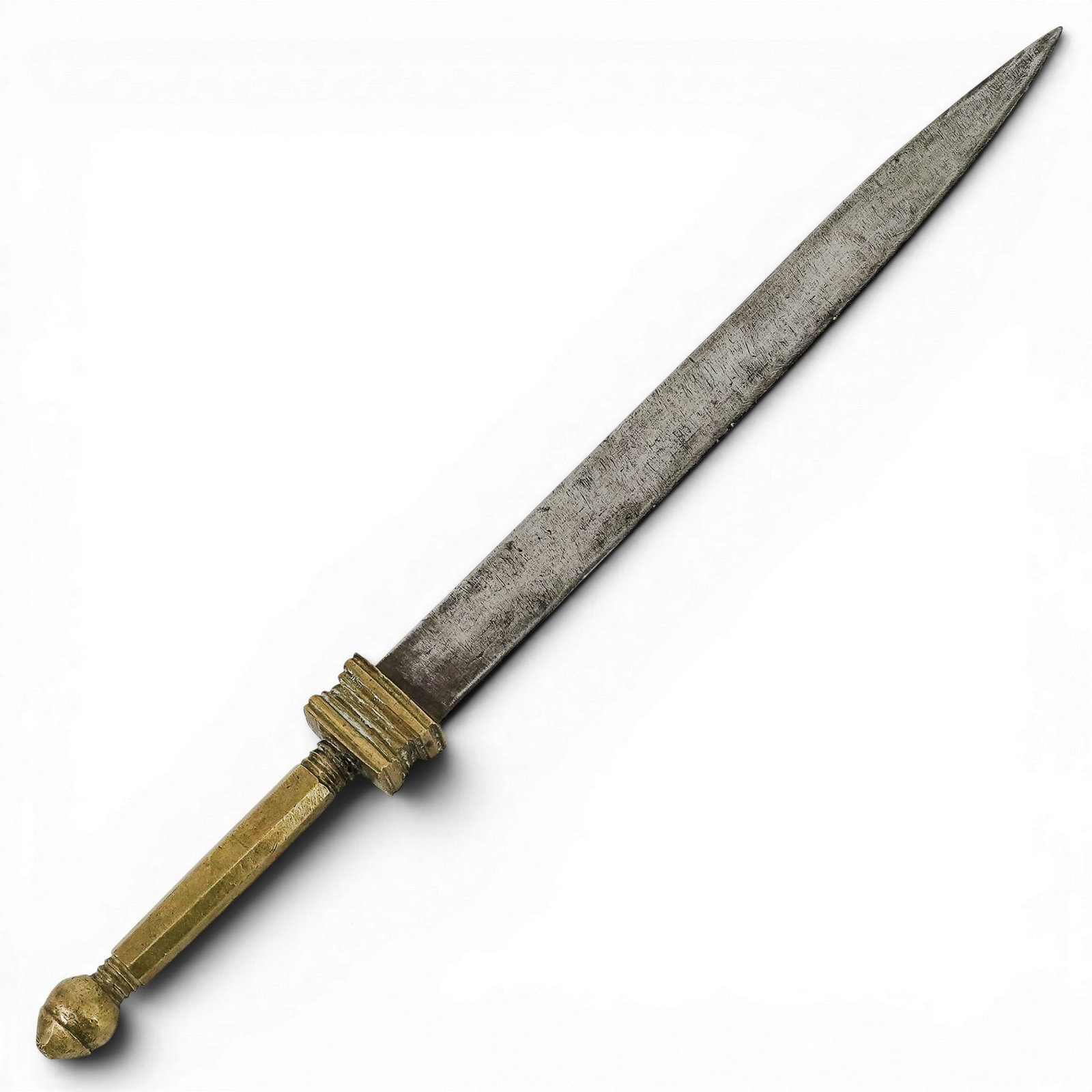 Antique Artillery Dagger: Antique Artillery Dagger 20th Century, Continental Featuring a tapered steel blade and turned brass hilt with decorative stepped collar. Blade bearing a stamped maker's mark in the form of sixteen