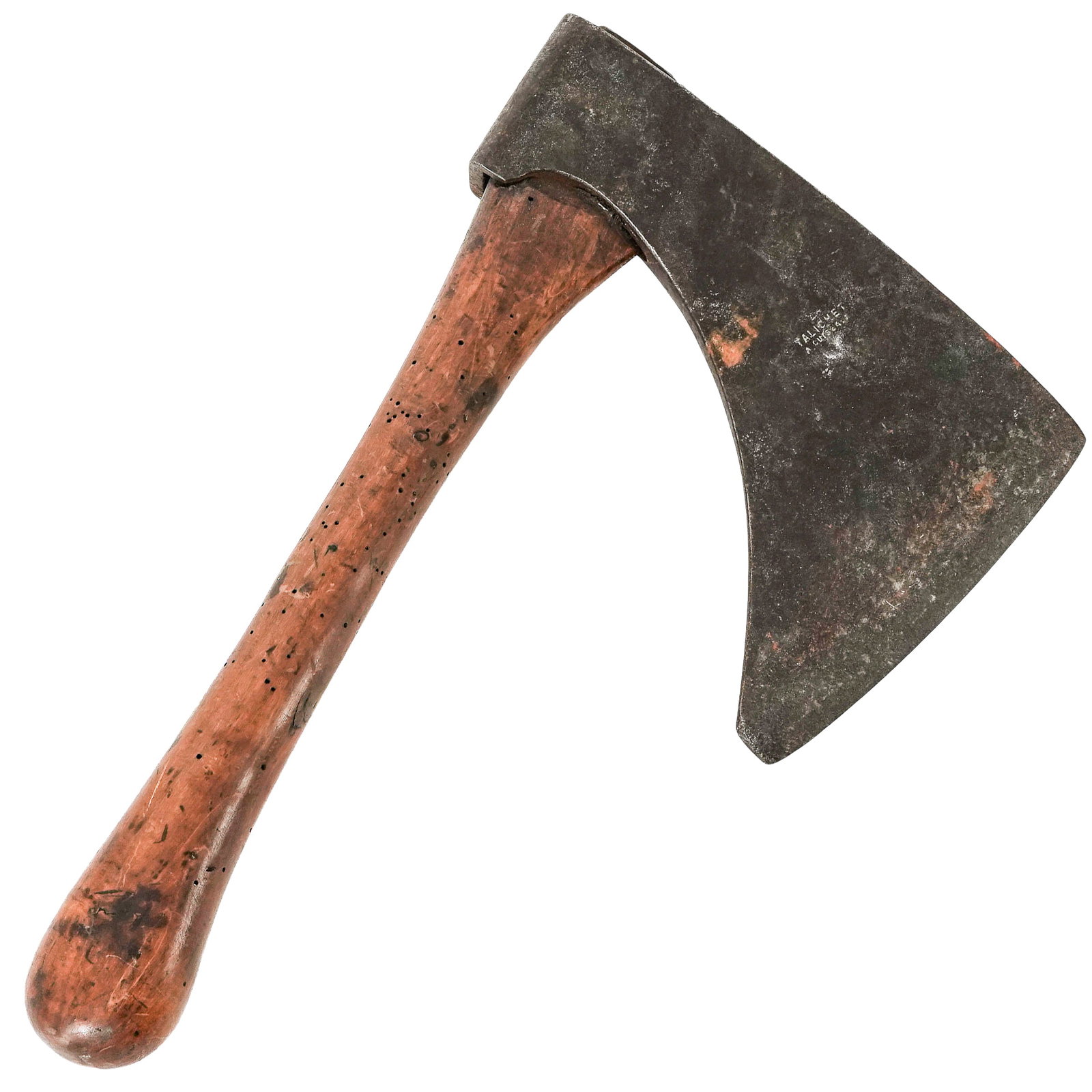 Antique Steel Hatchet: Antique Steel Hatchet 20th Century, USA Antique hand forged hatchet featuring a broad steel blade with squared poll and curved cutting edge mounted to a shaped wooden handle with rich age patina.