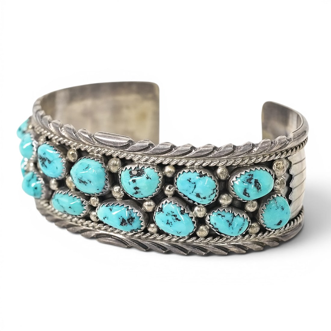 Vintage Navajo Sterling Silver & Turquoise Cluster Cuff Bracelet, Signed (1 of 5)