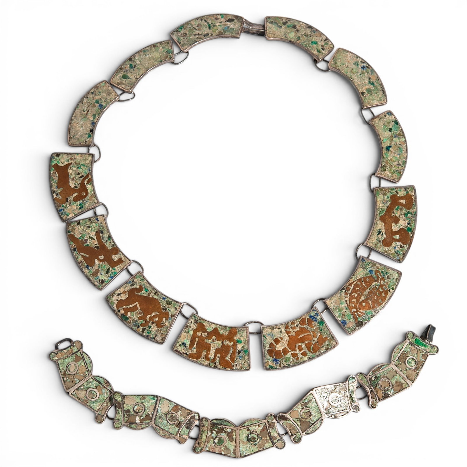 Vintage Taxco Sterling Silver & Mixed-Stone Mosaic Necklace & Bracelet Set (1 of 6)