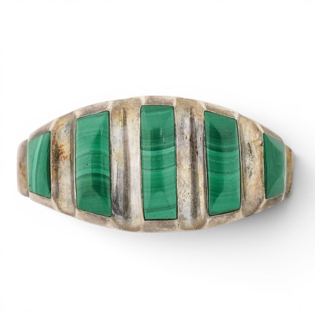 Mexican Sterling Silver & Malachite Hinged Bracelet - 2