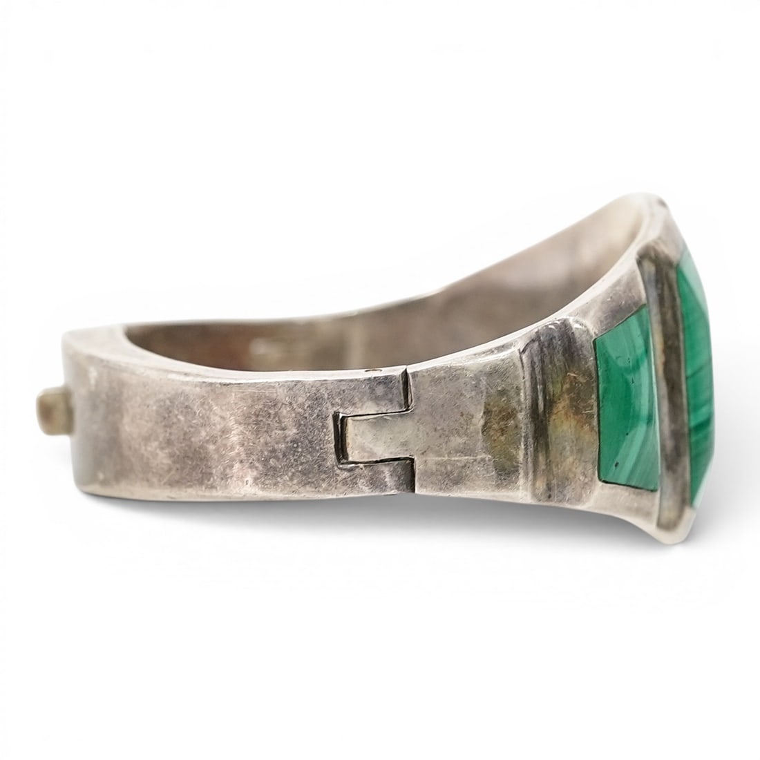 Mexican Sterling Silver & Malachite Hinged Bracelet - 3