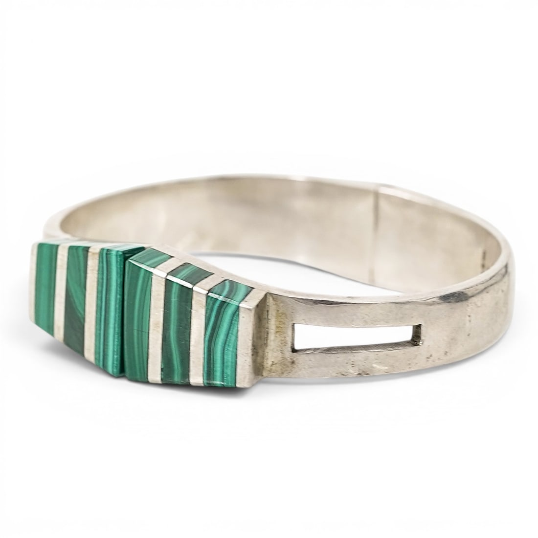 Vintage Mexican Sterling Silver Malachite Cuff Bracelet, Signed: Vintage Mexican Sterling Silver Malachite Cuff Bracelet, Signed Late 20th century, Mexico Vintage Mexican sterling silver cuff bracelet set with raised rectangular malachite panels across a