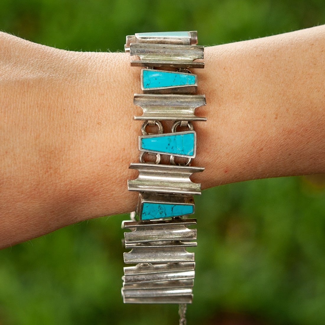 Vintage Mexican Sterling Silver & Turquoise Link Bracelet, Signed: Vintage Mexican Sterling Silver & Turquoise Link Bracelet, Signed Late 20th century, Mexico Vintage Mexican sterling silver link bracelet set with tapered rectangular turquoise panels between