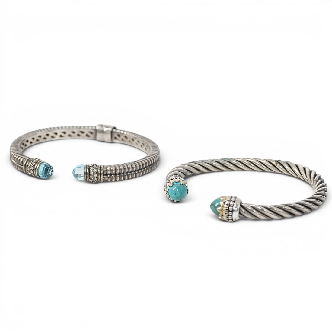(2 Pcs) Sterling Silver 18k Gold Blue Topaz & Turquoise Bracelets (1 of 4)