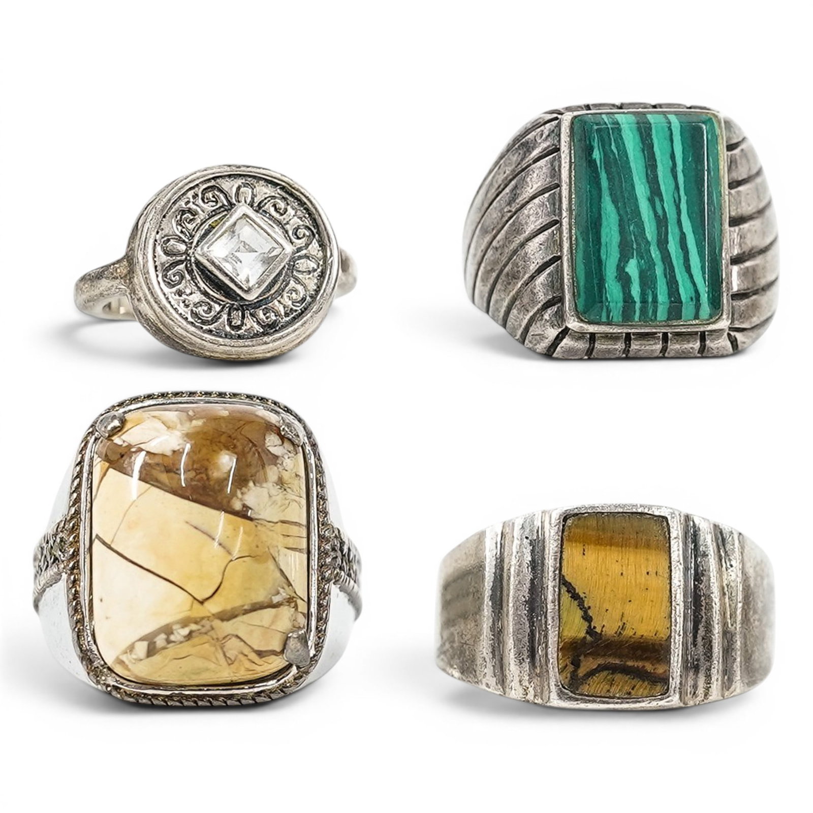 Mexican Sterling Silver & Mixed Stone Ring Group: Mexican Sterling Silver & Mixed Stone Ring Group 1970s-1990s, Mexican Group of four sterling silver rings including a modernist malachite signet ring stamped “MEXICO 925,” a large picture