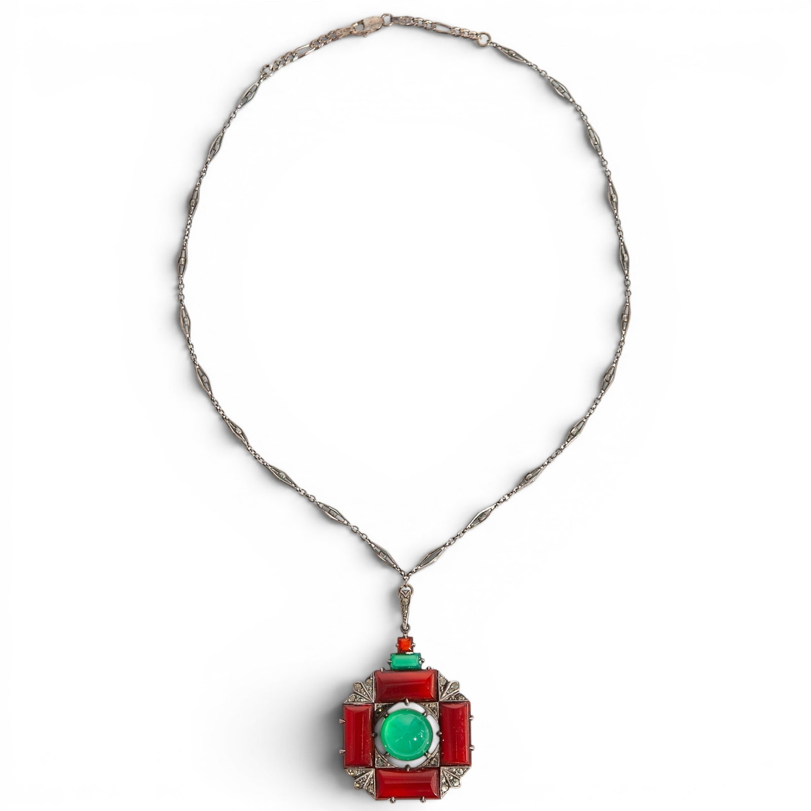 Art Deco Sterling Silver Carnelian & Chrysoprase Pendant Necklace (1 of 7)