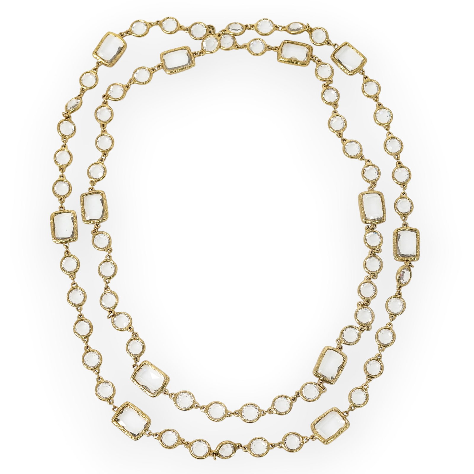 Chanel Gold-Tone Crystal Station Sautoir Chicklet Necklace: Chanel Gold-Tone Crystal Station Sautoir Chicklet Necklace 1993, French Chanel long sautoir necklace in gold-tone metal, designed with round and rectangular faceted clear crystal stations set in