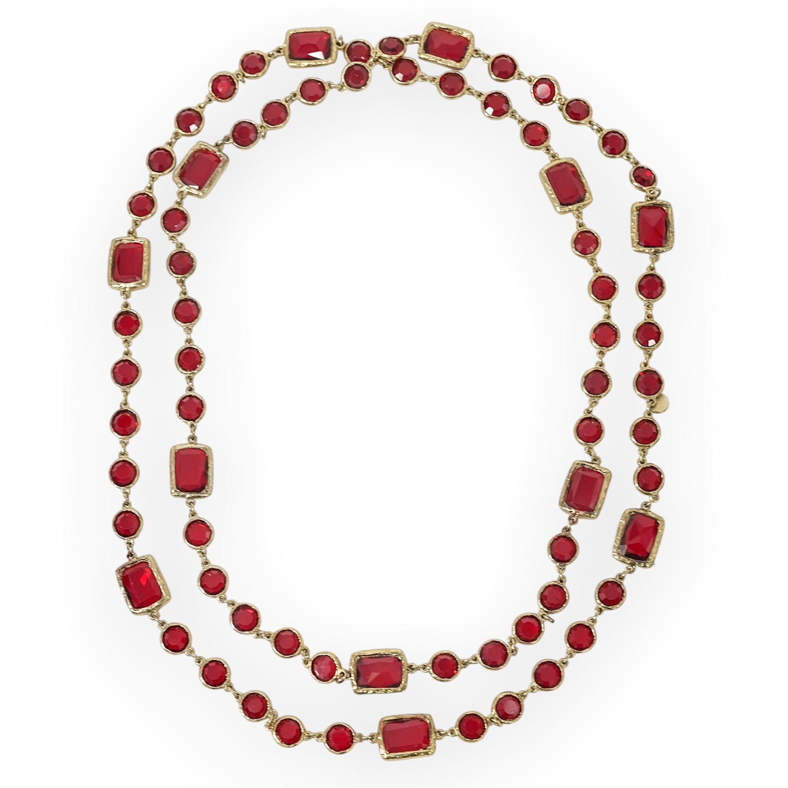 Chanel Gold-Tone & Burgundy Crystal Sautoir Chicklet Necklace: Chanel Gold-Tone & Burgundy Crystal Sautoir Chicklet Necklace 1981, French Chanel long sautoir necklace in gold-tone metal designed with round and rectangular burgundy faceted crystal stations set in