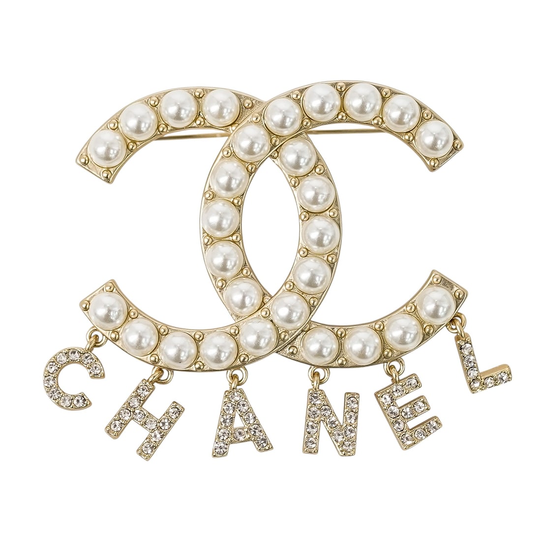 Chanel Strass, Imitation Pearl & Light Gold Metal CC Brooch (1 of 4)