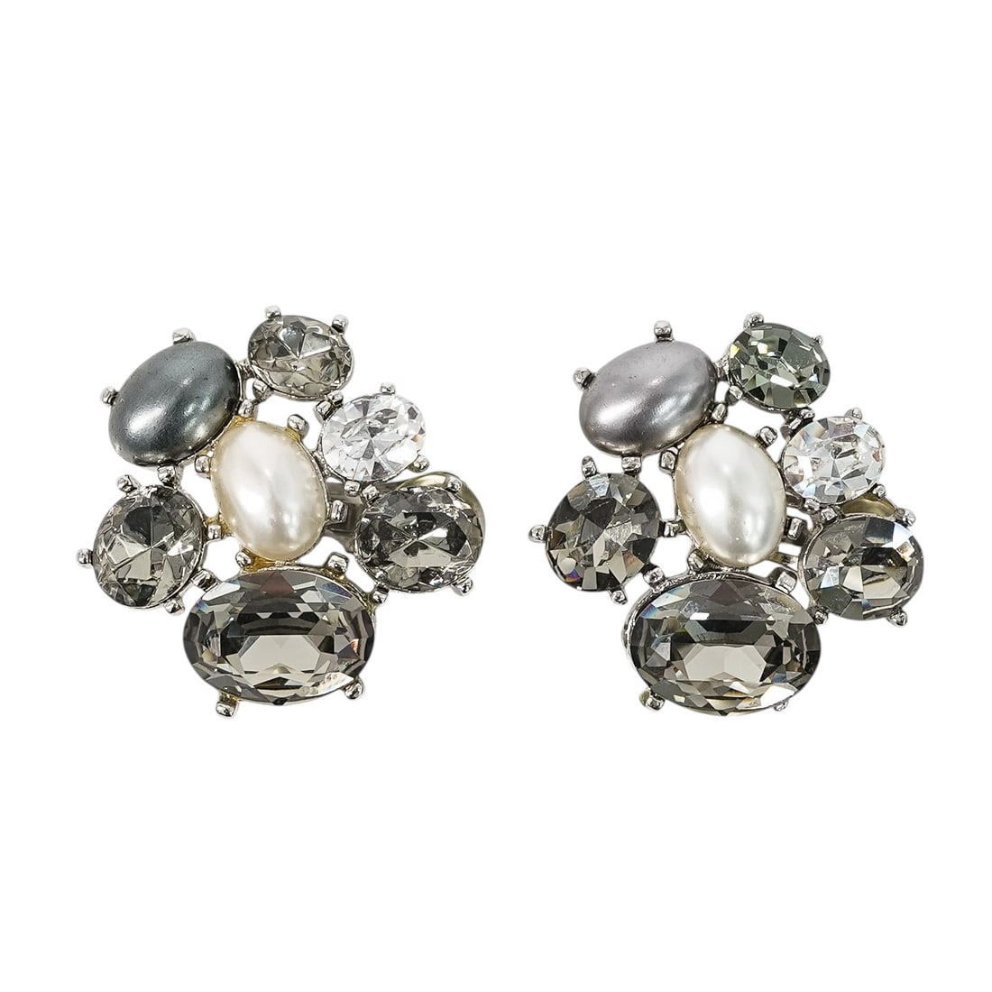 Vintage Kenneth Jay Lane Crystal & Faux Pearl Cluster Clip Earrings (1 of 4)