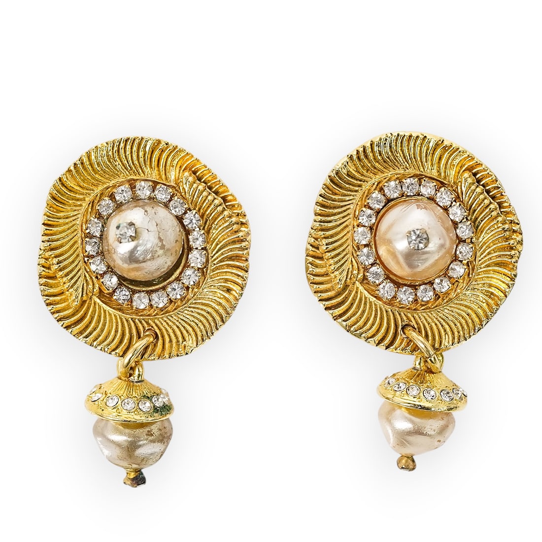 Claire Deve Paris Gold-Tone & Rhinestone Clip Earrings: Claire Deve Paris Gold-Tone & Rhinestone Clip Earrings 1980s, French Vintage Claire Deve Paris clip earrings in gold-tone metal, designed as round ribbed medallion drops with raised dome centers and