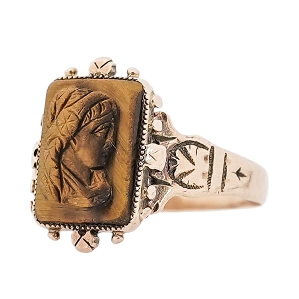 Victorian 14k Gold & Carved Tiger’s Eye Cameo Ring (1 of 7)