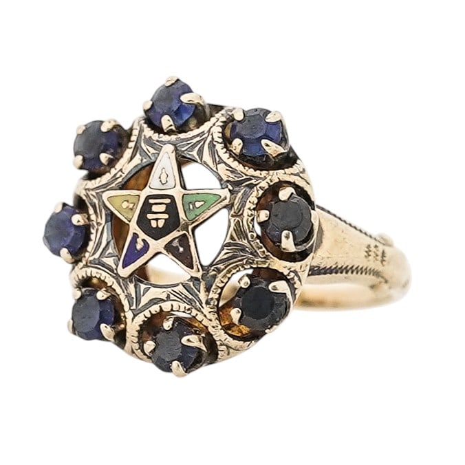 Vintage Ostby & Barton Order of the Eastern Star 10k Gold Sapphire & Enamel Ring: Vintage Ostby & Barton Order of the Eastern Star 10k Gold Sapphire & Enamel Ring Early 20th Century, USA Vintage 10k yellow gold Order of the Eastern Star ring by Ostby & Barton, featuring an