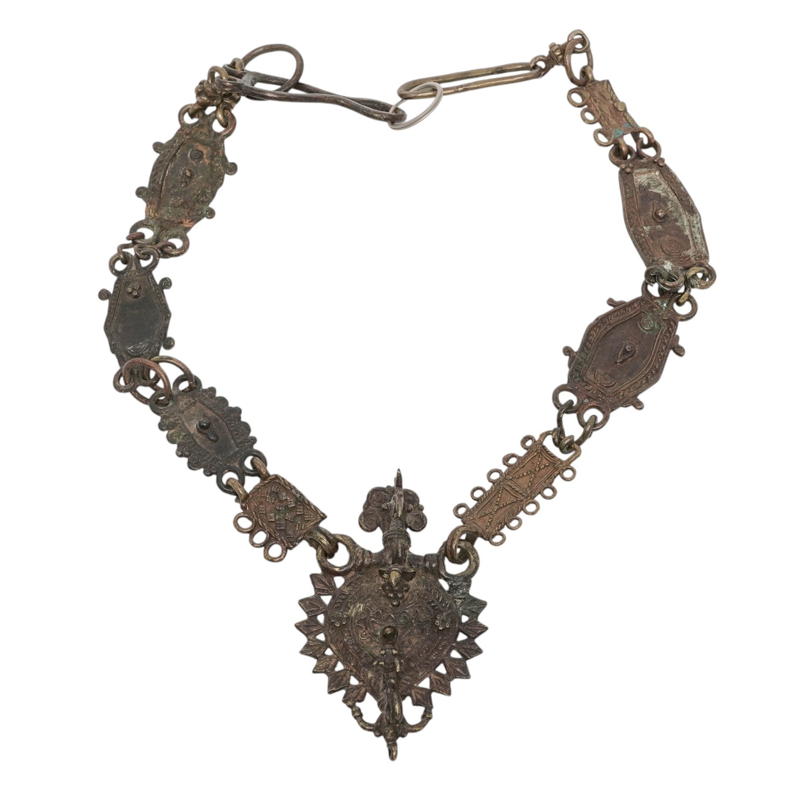 19th Cent. Cast Brass Tribal Necklace: 19th Cent. Cast Brass Tribal Necklace 19th Cent. South Asia Handcrafted brass tribal necklace with engraved peacock details. Features multiple interconnected geometric, filigree, or relief-engraved