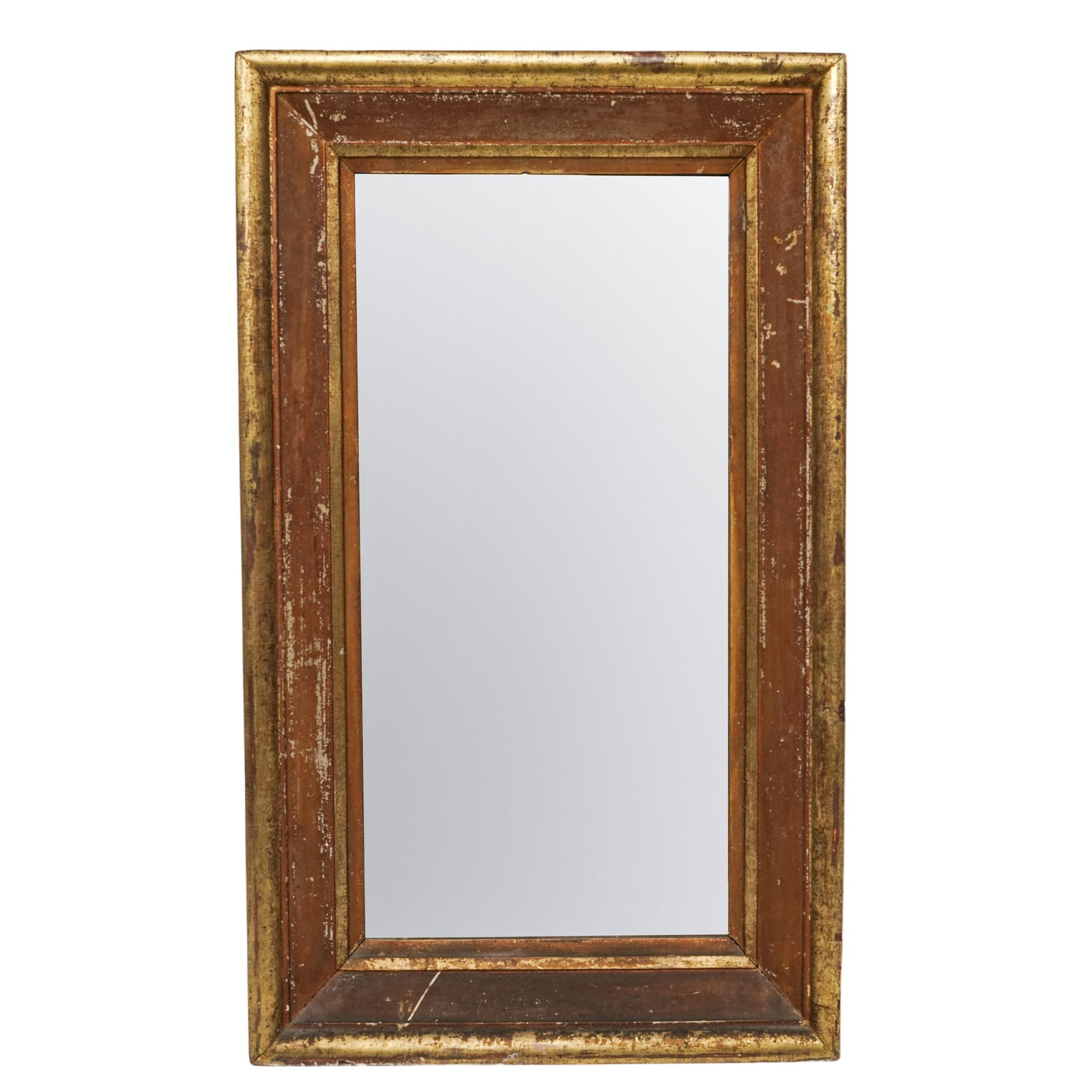 Antique Victorian Giltwood Mirror: Antique Victorian Giltwood Mirror Late 19th Century, England Rectangular looking glass housed in a molded giltwood frame with a warm-toned wood-grain inner border and distressed gilt finish.