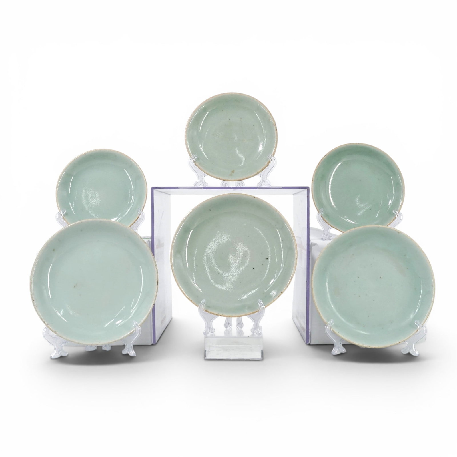 (6 pc) Antique Chinese celadon porcelain plates: (6 pc) Antique Chinese celadon porcelain plates c. 1880-1920, Chinese The plates are from the late 19th century to early 20th century (Late Qing Dynasty to the Republic Period, they feature a pale