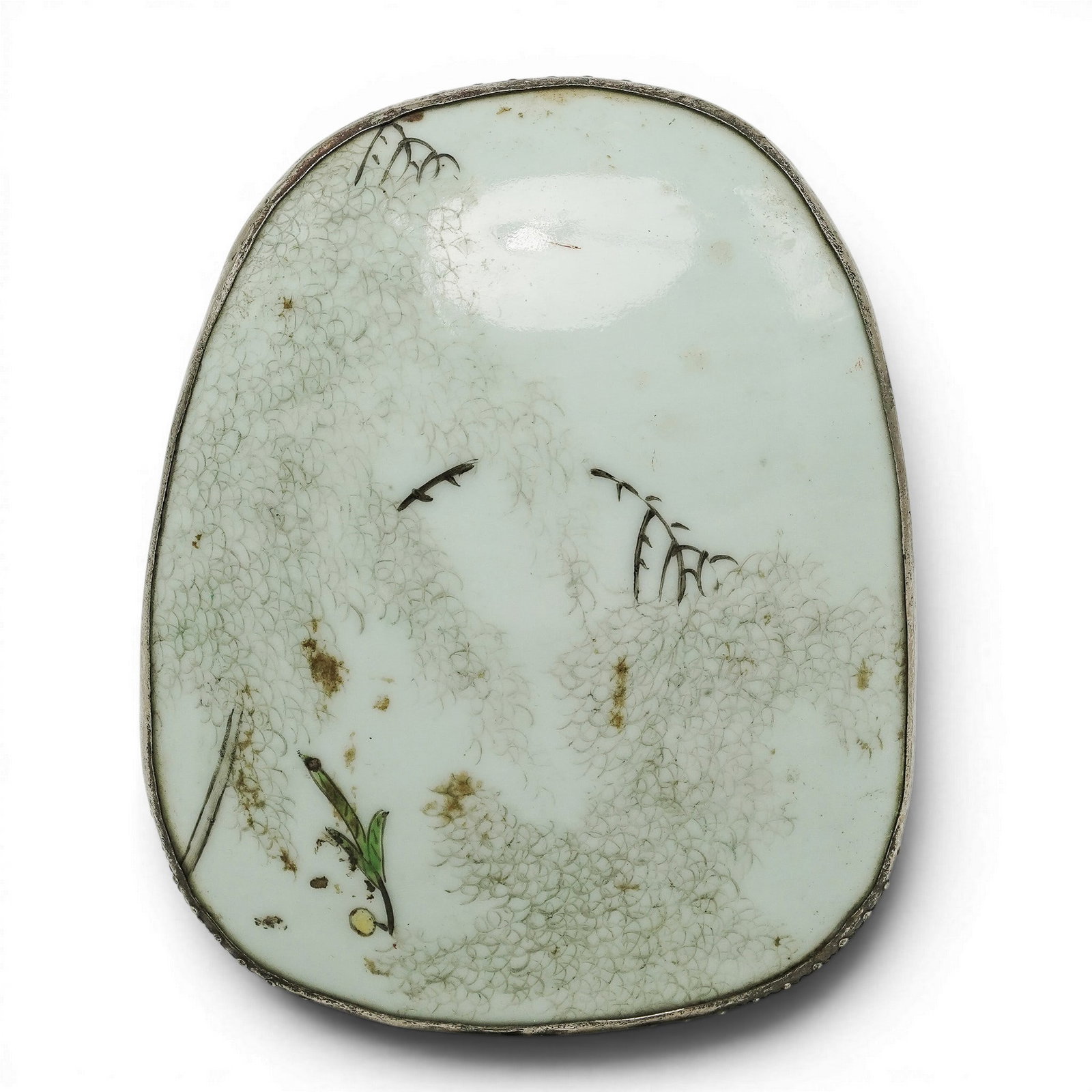 Vintage Chinese Porcelain & Silver Plated Trinket Box: Vintage Chinese Porcelain & Silver Plated Trinket Box Mid-20th Century, China Vintage Chinese porcelain & silver-plated trinket box of oval form with celadon glazed hand-painted porcelain lid