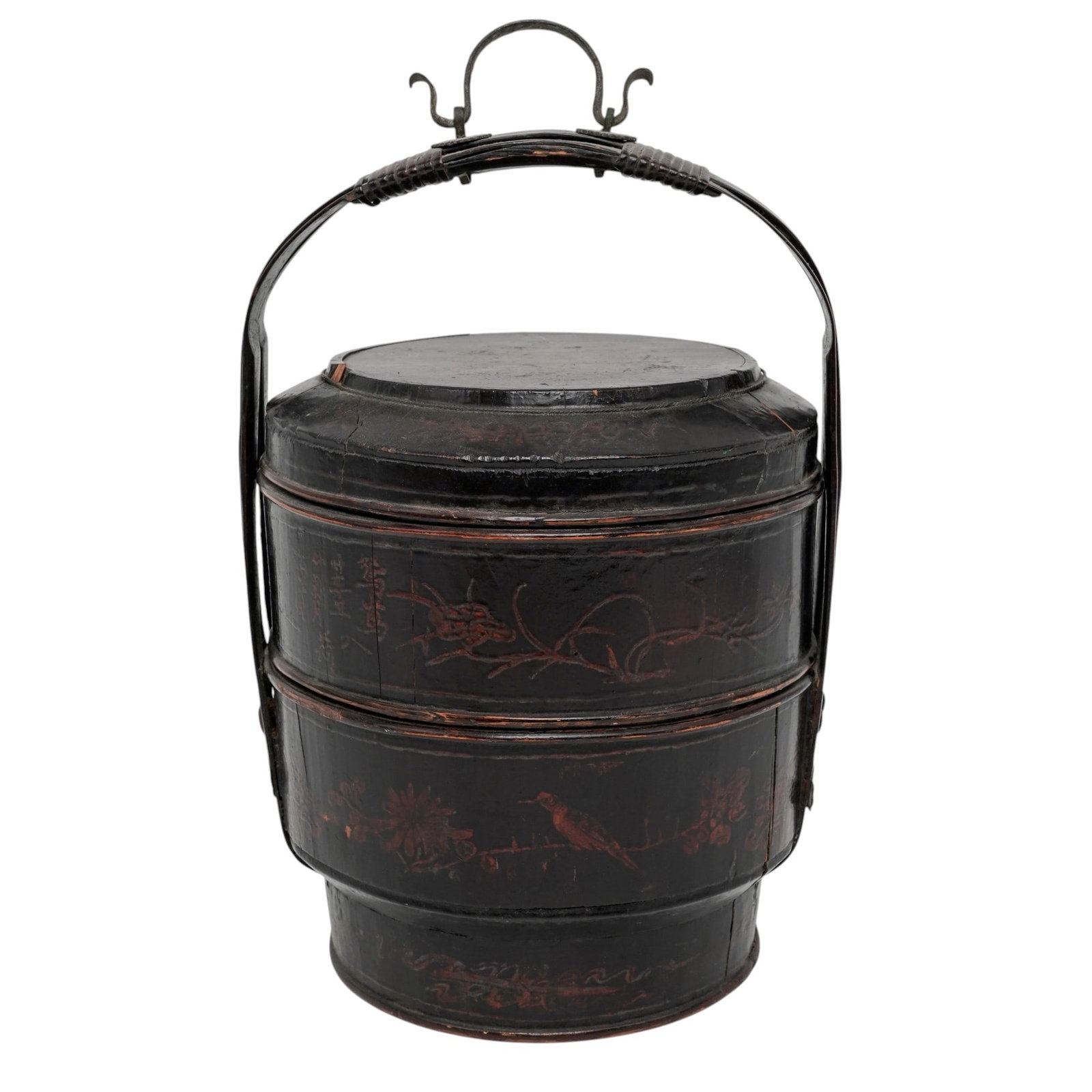 Chinese Qing Multi-Tiered Lacquered Wooden Wedding Basket (Tí Lán): Chinese Qing Multi-Tiered Lacquered Wooden Wedding Basket (Tí Lán) Late 19th to early 20th Cent., Chinese The piece is a traditional multi-tier dowry or food carrier container built with coopered