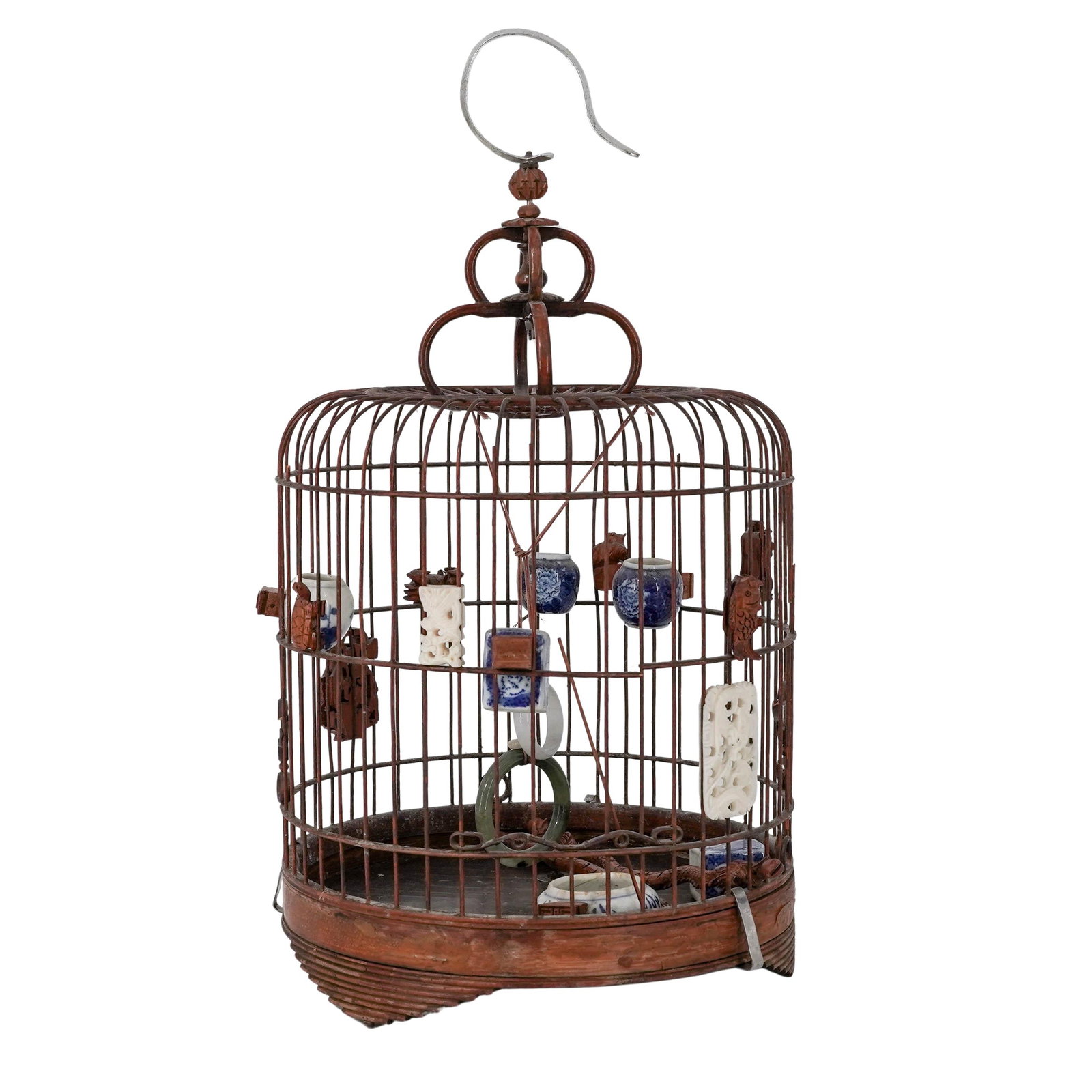Chinese Bamboo, Porcelain & Jade Songbird Cage: Chinese Bamboo, Porcelain & Jade Songbird Cage 20th Cent., Chinese Vintage Chinese tabletop songbird cage featuring a traditional hand-assembled bamboo stave frame with a circular base. The interior