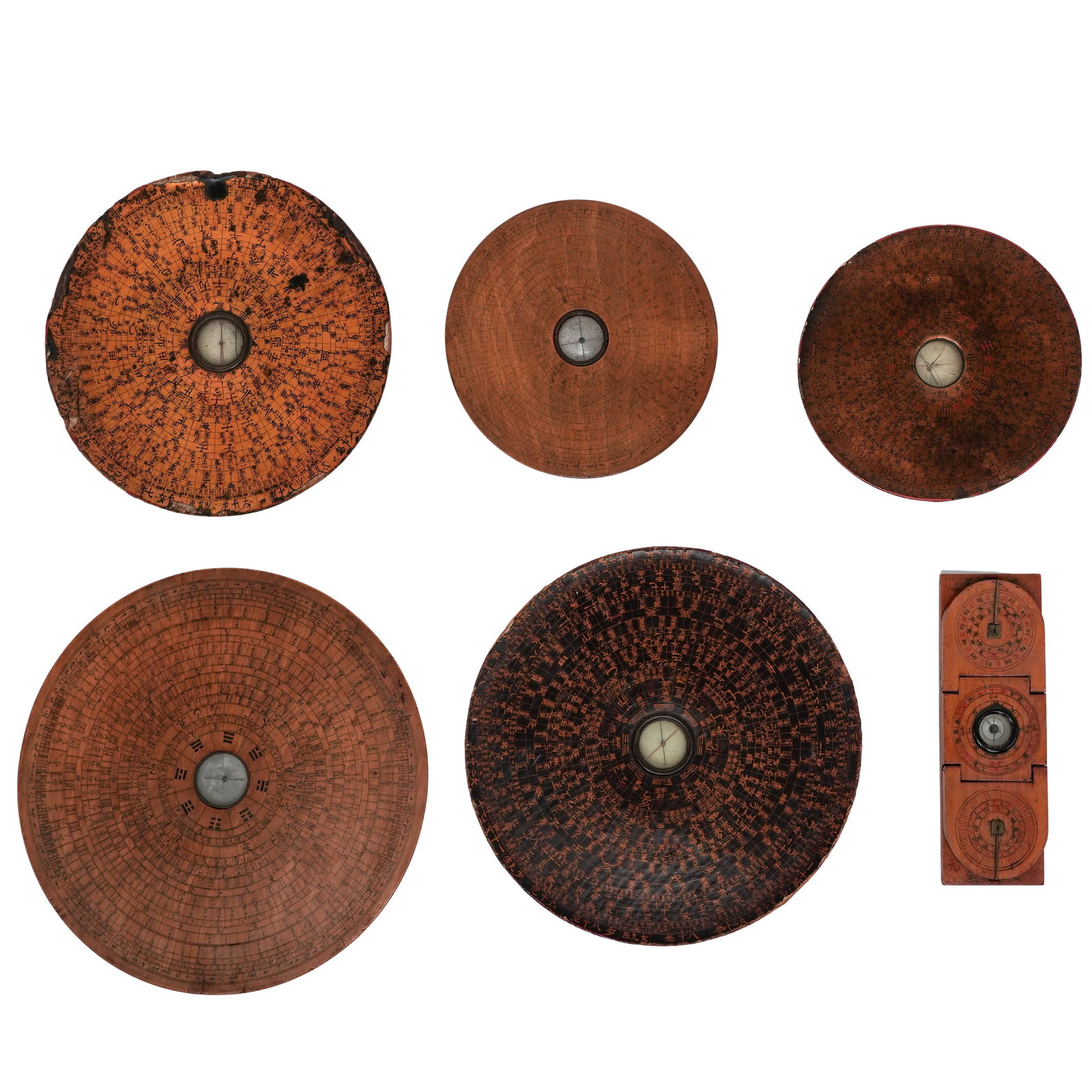 (6 Pc) Chinese Wooden Feng Shui Luopan (Compasses): (6 Pc) Chinese Wooden Feng Shui Luopan (Compasses) Late Qing Dynasty (Late 19th Century), China Set of six Chinese Feng Shui Luopan compasses, presented in finely crafted wooden cases and reflecting