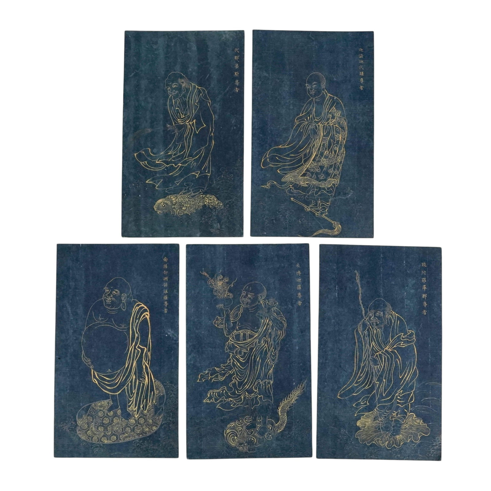 (5 pc) Antique Chinese Buddhist Gilt-Line Arhat Prints (1 of 10)