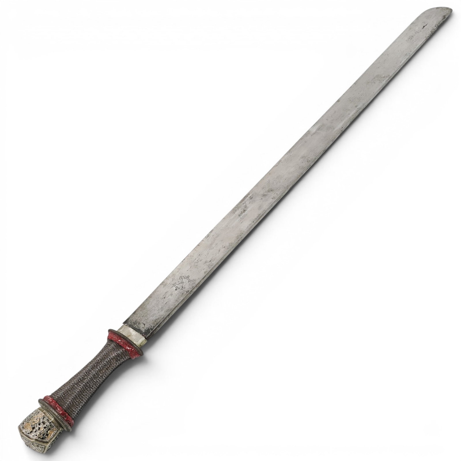 Himalayan Tibetan "Gurda" Maker Mark Sword: Himalayan Tibetan "Gurda" Maker Mark Sword c. 1880-1930, Himalayan Traditional Bhutanese sword (patag) dates back to late-19th-early 20th century and features the "Gurda" mark on the blade. Hilt and S