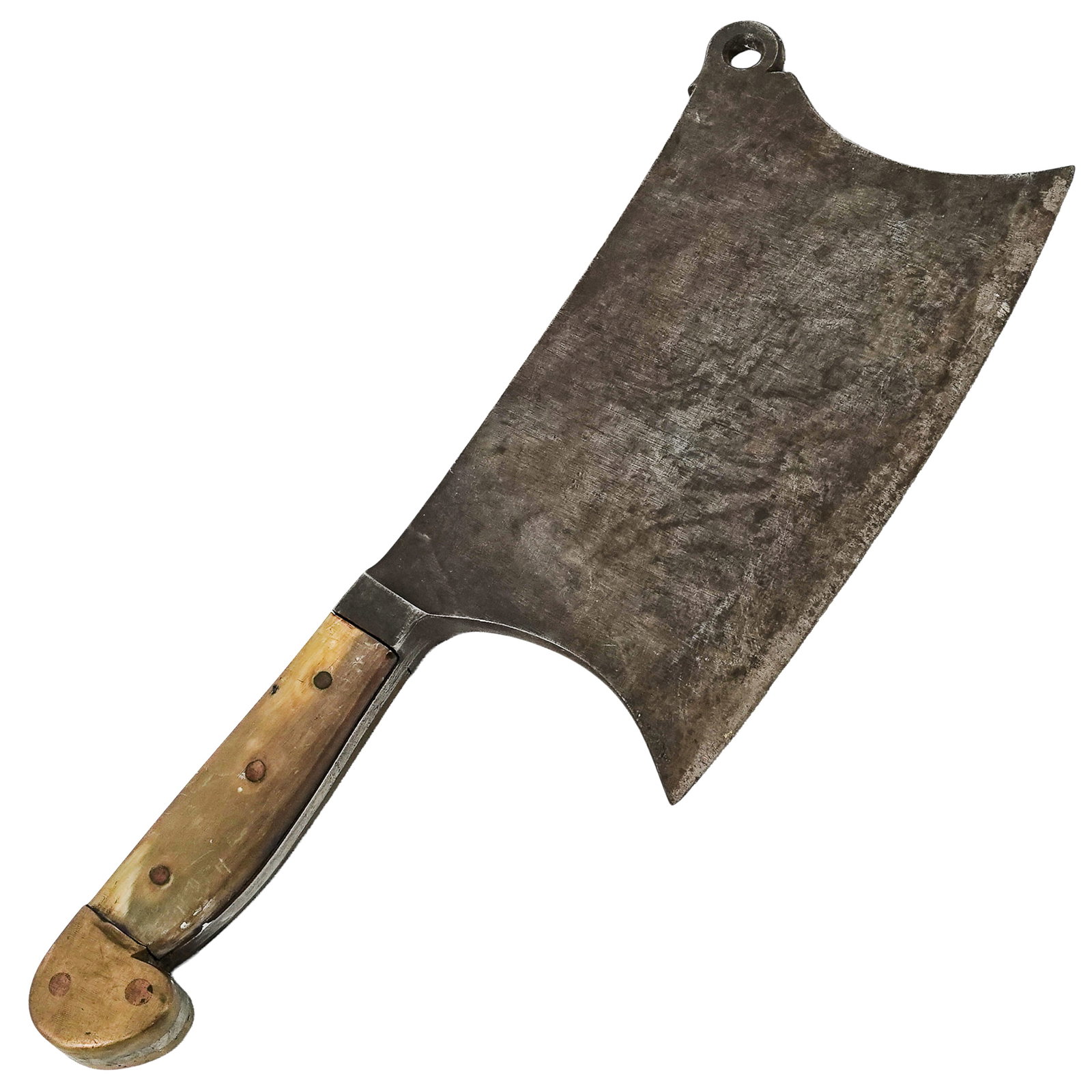 Vintage Butcher Horn Handle Cleaver: Vintage Butcher Horn Handle Cleaver 20th Century Heavy steel butcher's cleaver featuring a broad rectangular blade with hanging aperture and a riveted horn-style handle terminating in a brass cap.