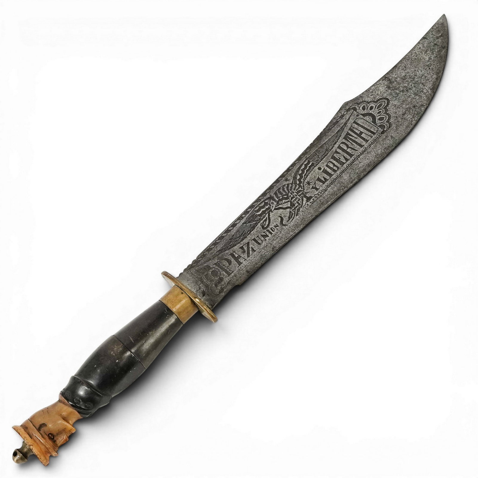 Vintage Mexican Bowie Knife, Inscribed: Vintage Mexican Bowie Knife, Inscribed 20th Century, Mexico A Vintage Mexican bowie-style knife featuring an etched steel blade decorated with patriotic and religious inscriptions, including "Paz, Uni