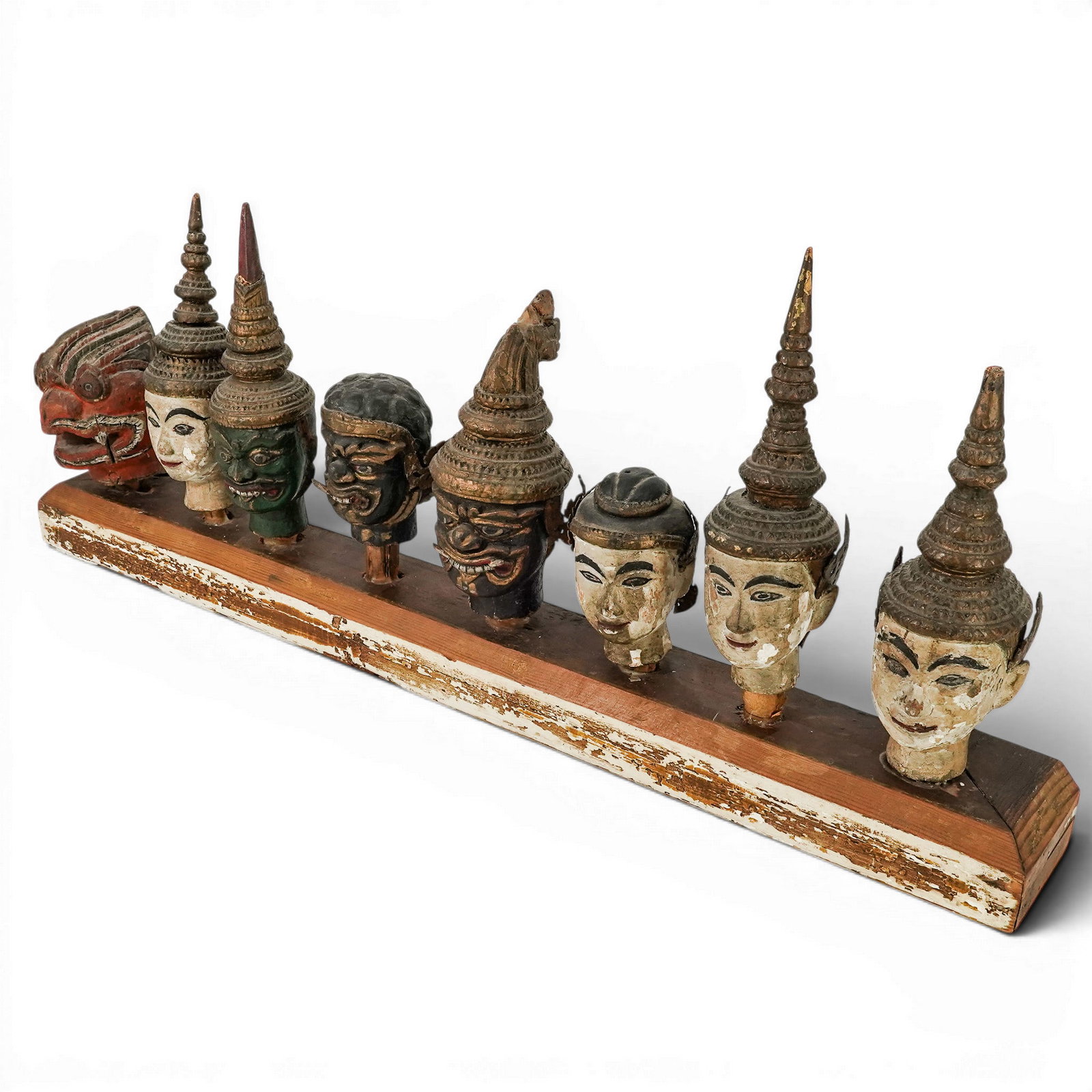 19th Cent. Thai Polychrome Wooden Puppet Heads on Wooden Base (1 of 6)