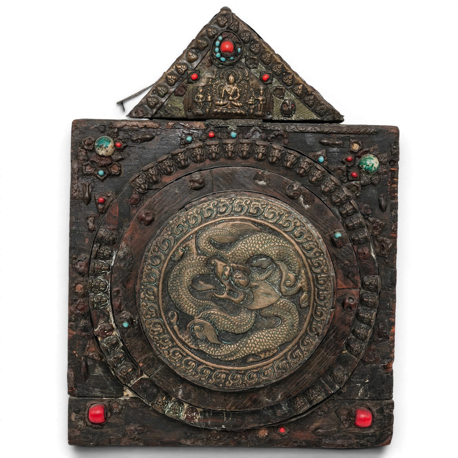 Antique Tibetan Buddhist Wood & Copper Plaque (1 of 6)