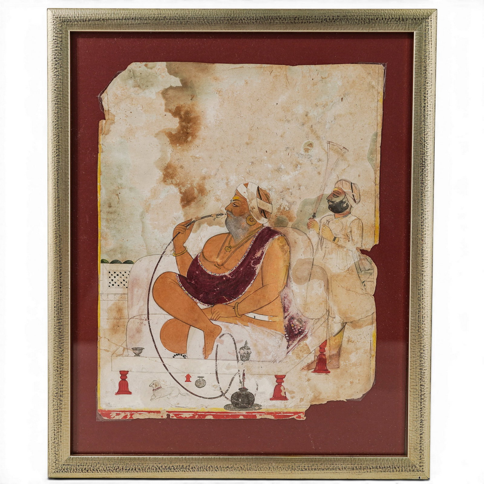 Antique Indian "Yogi With Hookah" Gouache, Gold, and Silver on Paper (1 of 3)
