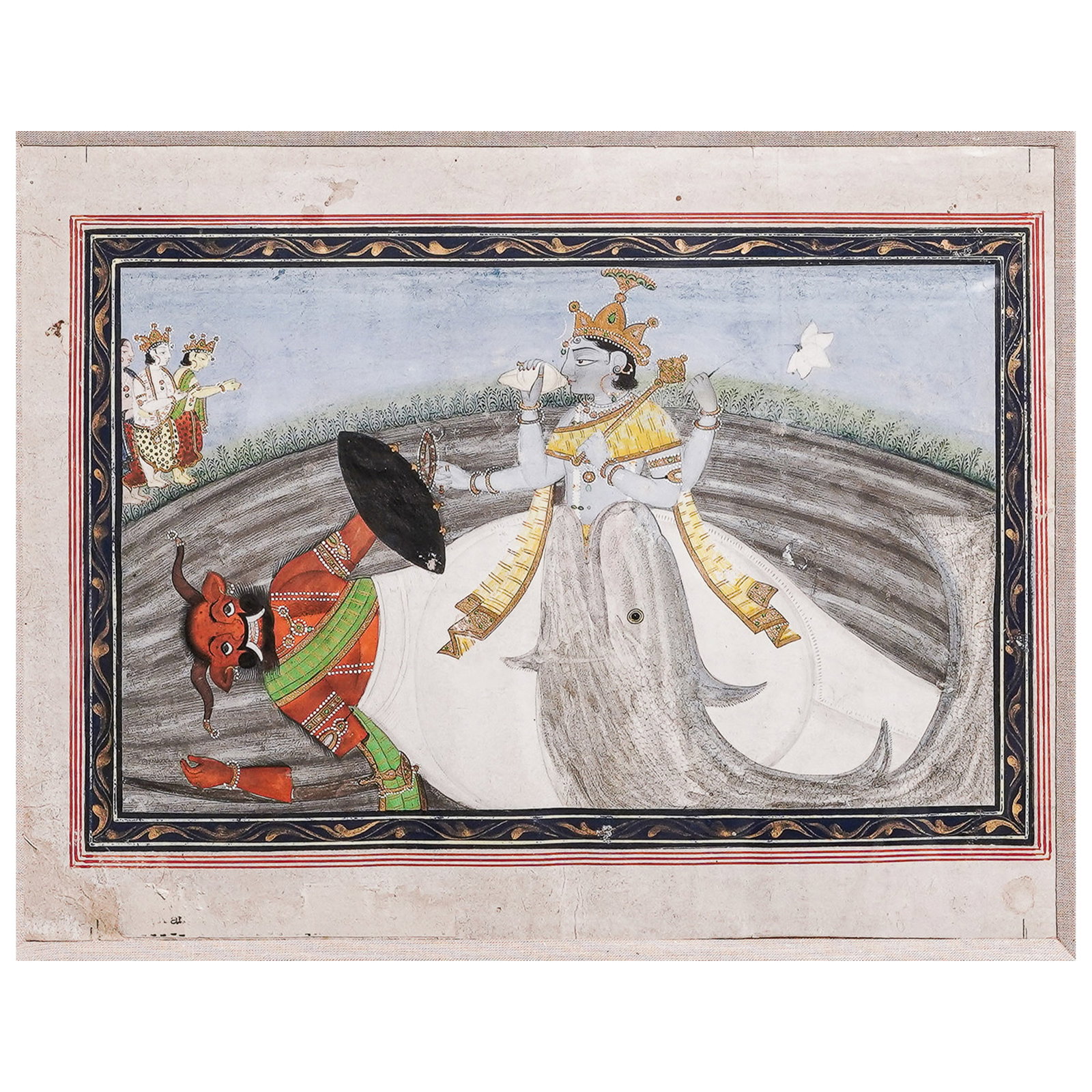 Antique Indian 'Vishnu As Matsya,' Gouache & Ink on Paper (1 of 5)