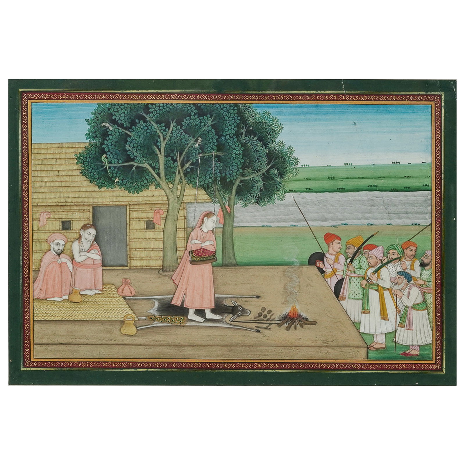 Antique Indian "A Ruler Visiting a Female Ascetic" Ink & Gouache Illustration: Antique Indian "A Ruler Visiting a Female Ascetic" Ink & Gouache Illustration Late 19th-early 20th century, Indian An Indian (Jaipur) ink, gouache, and gold on paper illustration "A Ruler Visiting a F