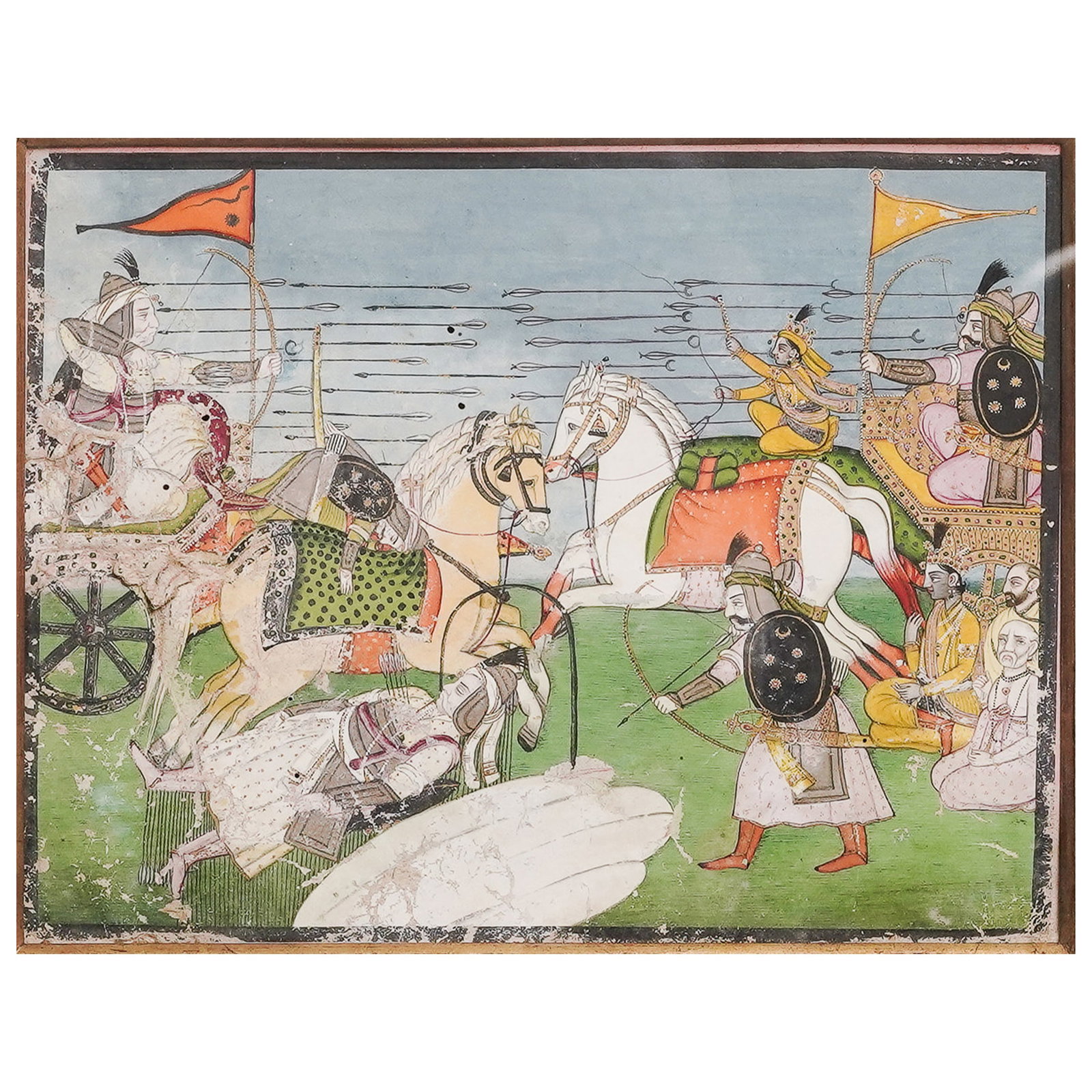 Antique Indian 'Bhagavad Gita Battle Scene,' Ink 7 Gauache On Paper: Antique Indian 'Bhagavad Gita Battle Scene,' Ink 7 Gauache On Paper Late 19th-Early 20th Century, India Finely executed Indian miniature painting, executed in vibrant pigments with gold highlights, de