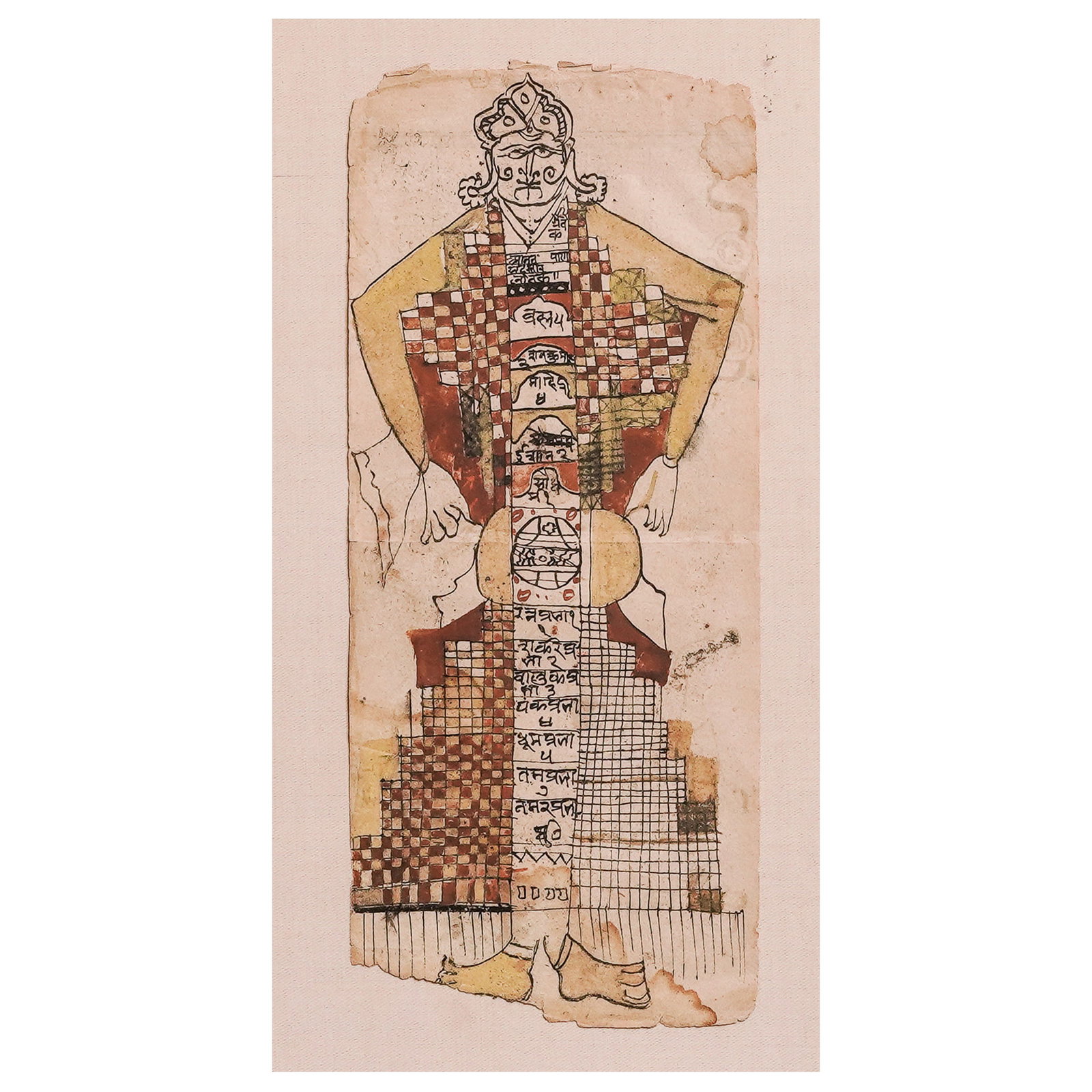 Antique Indian Jain Lokapurusha, Gouache & Ink on Paper: Antique Indian Jain Lokapurusha, Gouache & Ink on Paper 19th Century, India Indian Jain Lokapurusha (Cosmic Man) painting depicting the universe in anthropomorphic form, a traditional Jain cosmologica