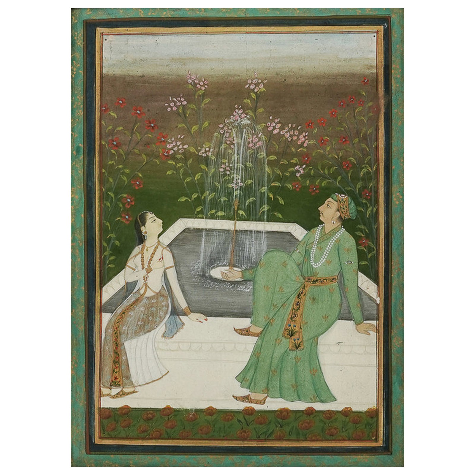 18th Cent. Indian Gouache on Paper "Couple in Garden" Illustration (1 of 4)