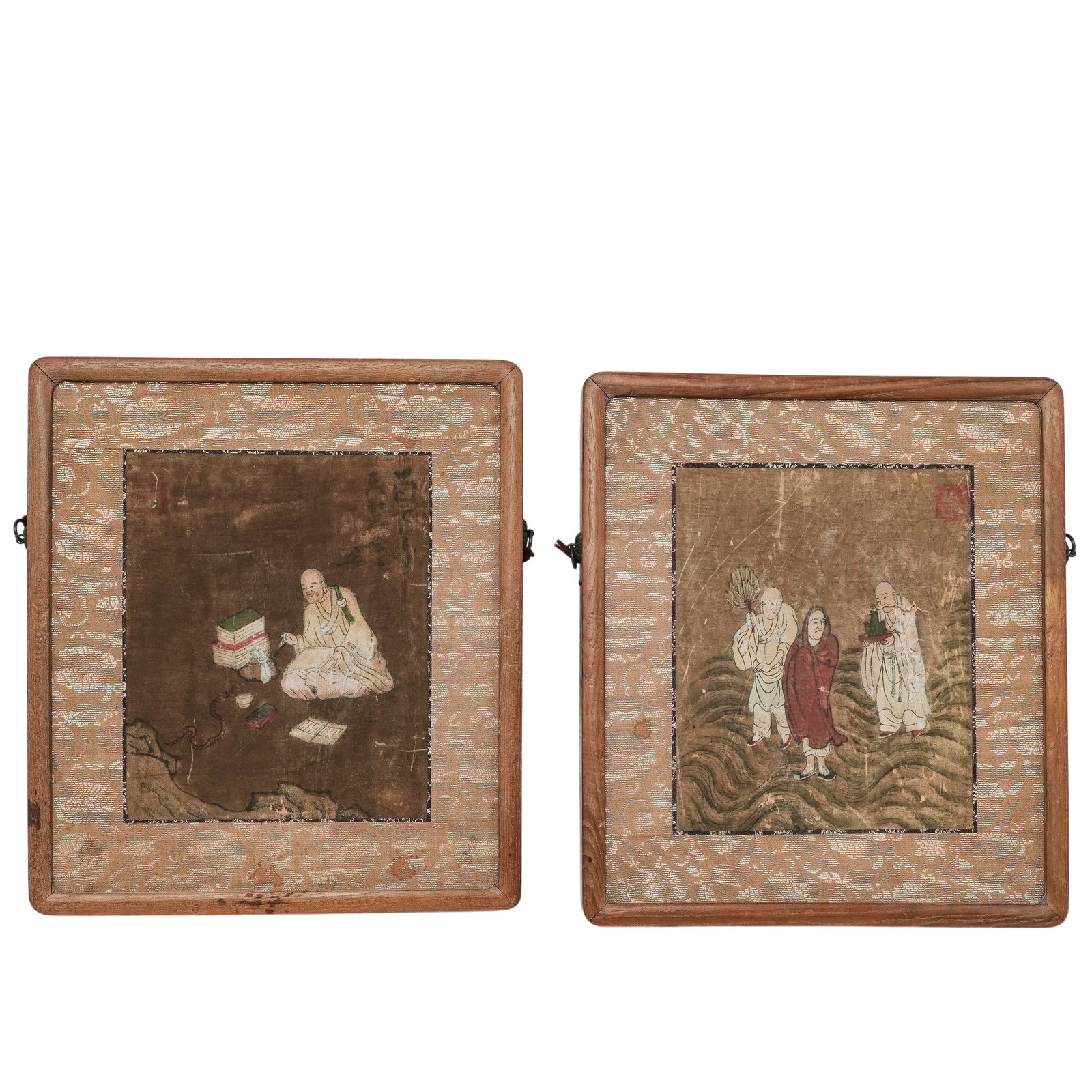 Pair of Antique Japanese Mixed Media Paintings: Pair of Antique Japanese Mixed Media Paintings Mid 19th-early 20th century, Japanese A pair of antique Japanese mixed media on fabric paintings. One depicts an Edo period Shinran or Zen monk in a seat