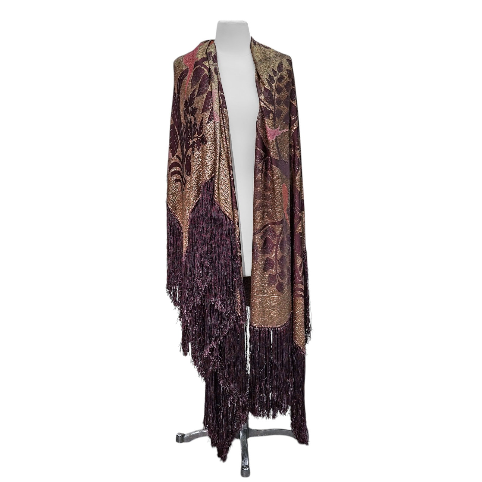 Vintage Silk Purple and Gold Large Shawl: Vintage Silk Purple and Gold Large Shawl An elegant large silk shawl throw featuring a richly colored purple ground accented with gold detailing and an elaborate tree and bird motif. The decorative co