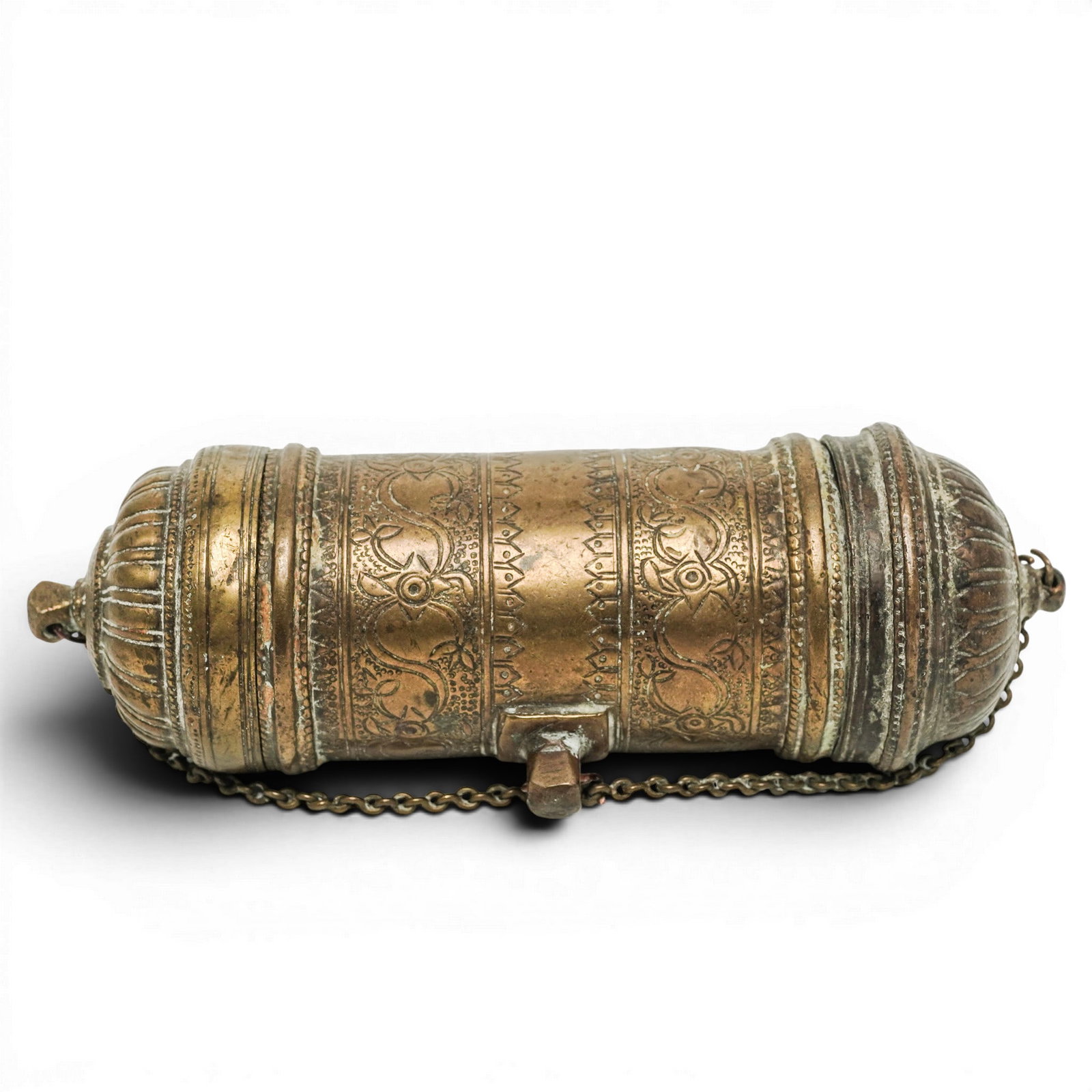 Antique Indian Engraved Brass Talisman Holder: Antique Indian Engraved Brass Talisman Holder 19th Cent., Indian These cylindrical cases were historically used to protect sacred Buddhist sutras, mantras, or personal amulets during travel and pilgri