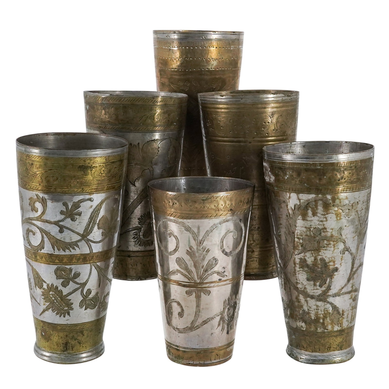 (6 pc) Anglo-Indian Brass & Silver Plated Lassi Cups (1 of 9)