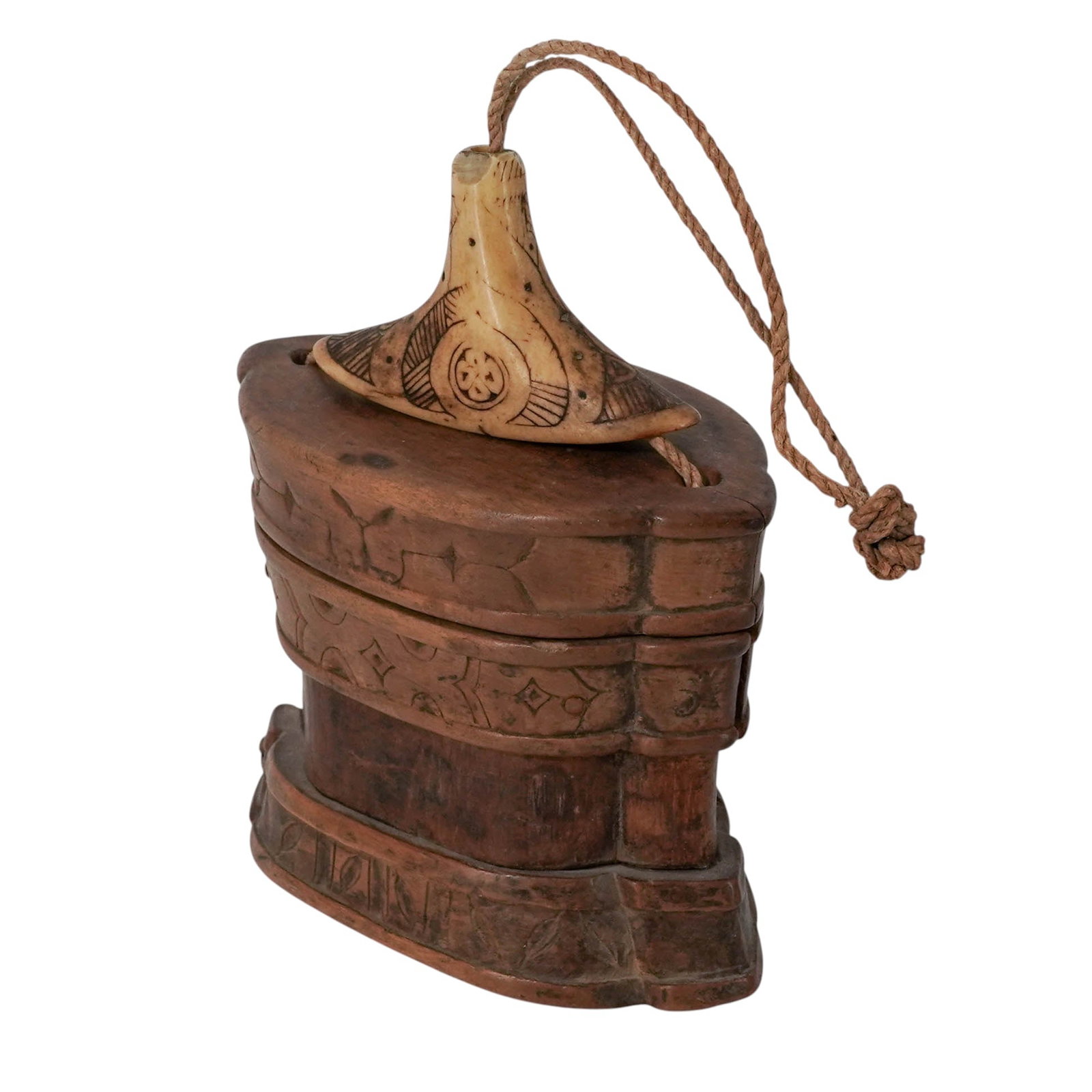 Antique Japanese Meiji Tobacco Box: Antique Japanese Meiji Tobacco Box Late 19th–early 20th Cent. Japanese The box is crafted from wood with intricate folk art carvings and features a distinct lid, made of bone or horn, decorated with