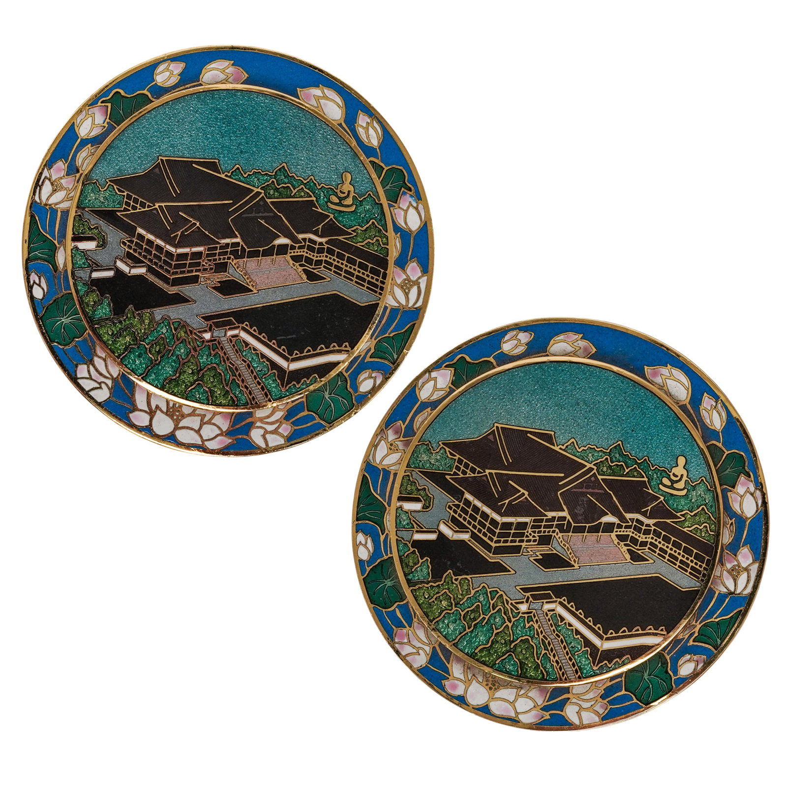 (2 pc) Japanese 'The Agonshu Head Temple' Enamel Paperweights: (2 pc) Japanese 'The Agonshu Head Temple' Enamel Paperweights 20th Century, Japan Pair of Japanese cloisonné-style enamel paperweights depicting architectural views of the Agonshu Head Temple (Agon S