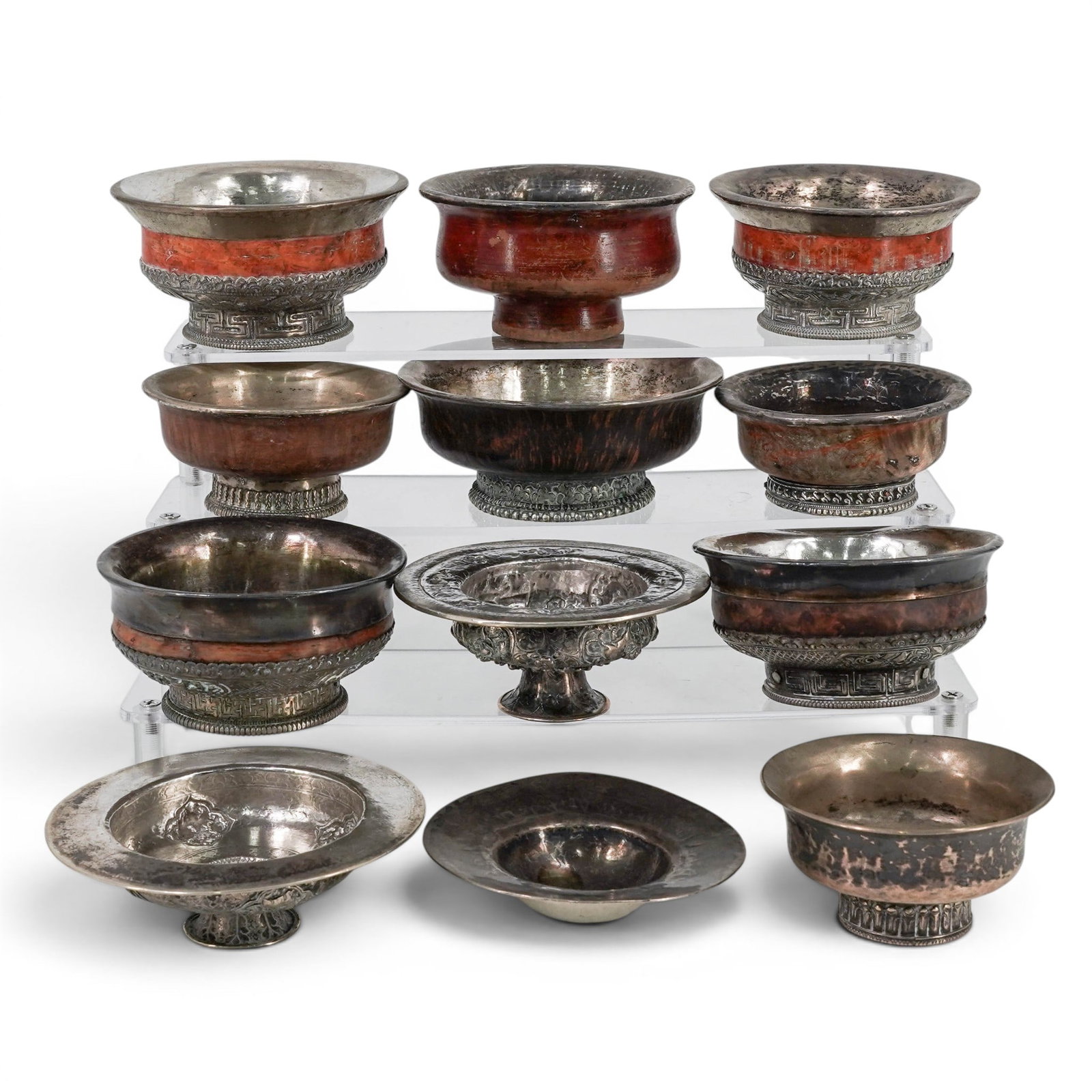 (12 pc) Antique Tibetan Fine Silver, 800 Silver, Silver Plated Bowls (1 of 13)