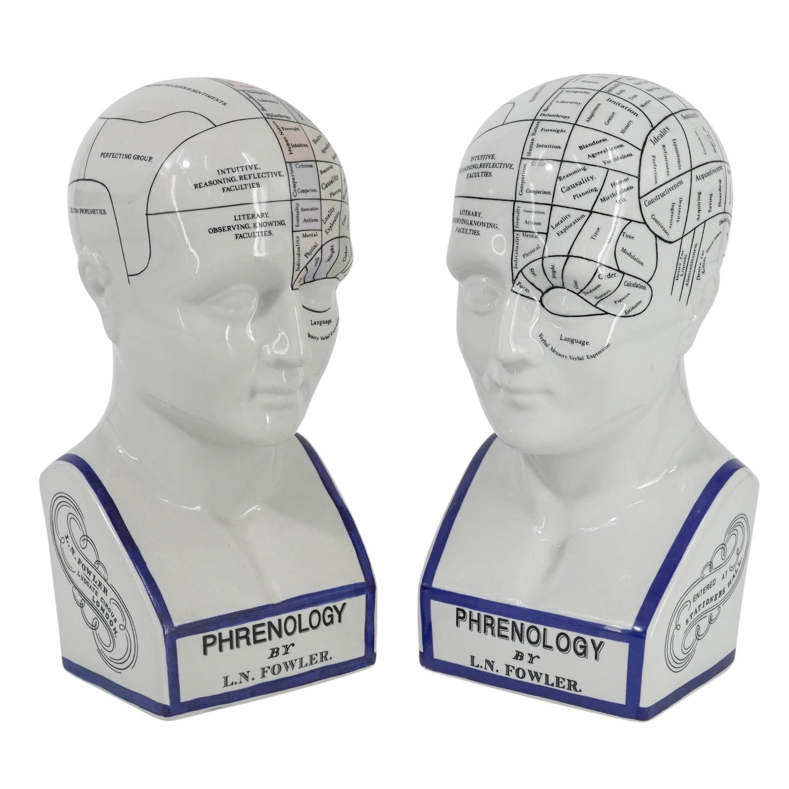 Pair L.N. Fowler White Ceramic Phrenology Busts (1 of 9)