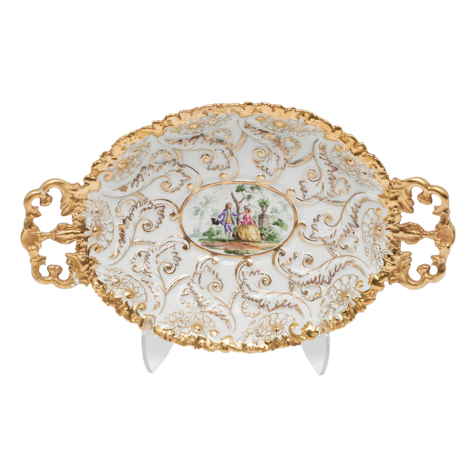 Antique Meissen Porcelain Centerpiece Bowl: Antique Meissen Porcelain Centerpiece Bowl 19th century, Germany Antique 19th-century porcelain centerpiece bowl featuring an ornate gilded finish and richly decorative detailing characteristic of Eur
