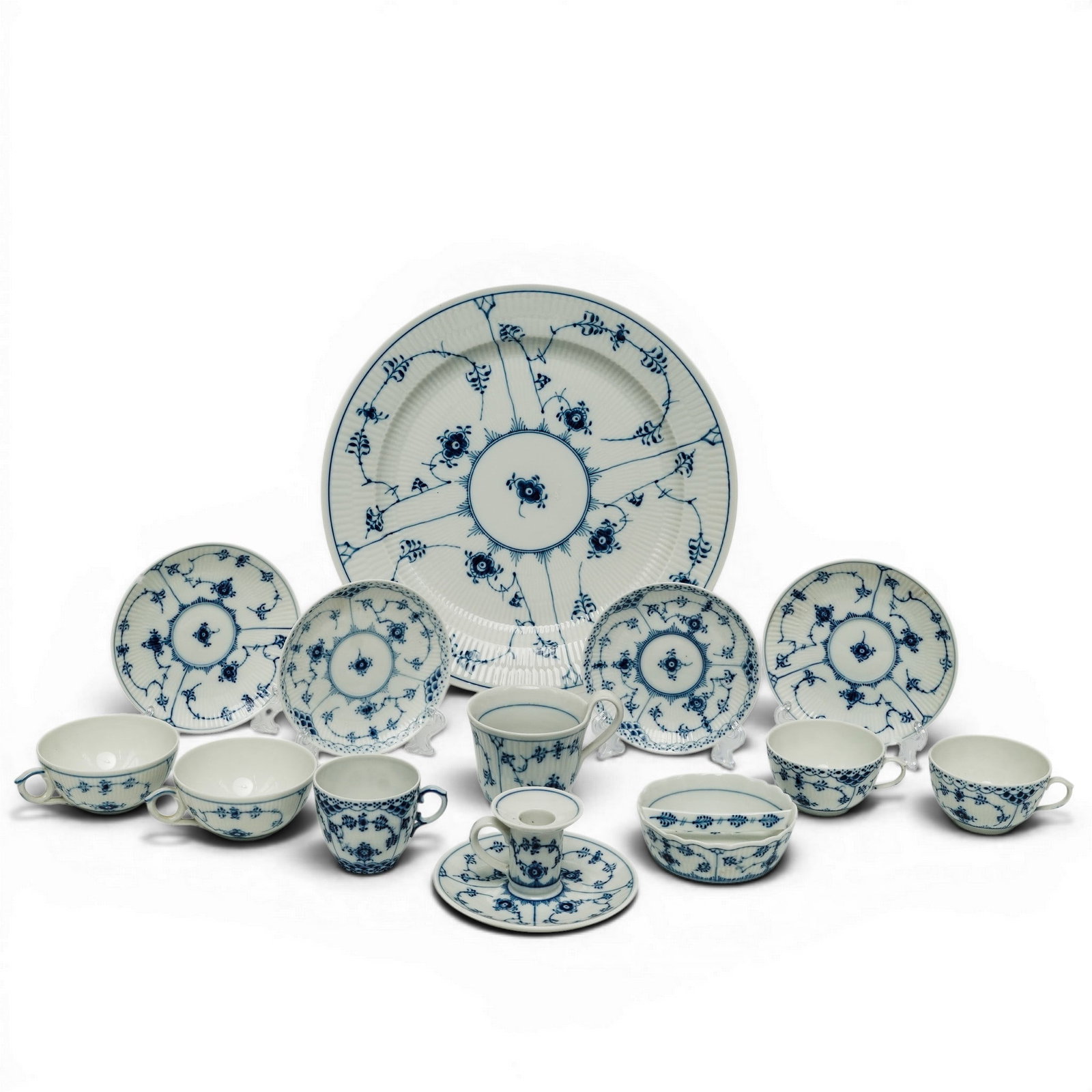 (13 Pc) Royal Copenhagen Blue & White Porcelain Set: (13 Pc) Royal Copenhagen Blue & White Porcelain Set c. 1975, Denmark The set has scratched blue waves marks with two lines indicating factory seconds/ employee items. The set includes: (1) Large round